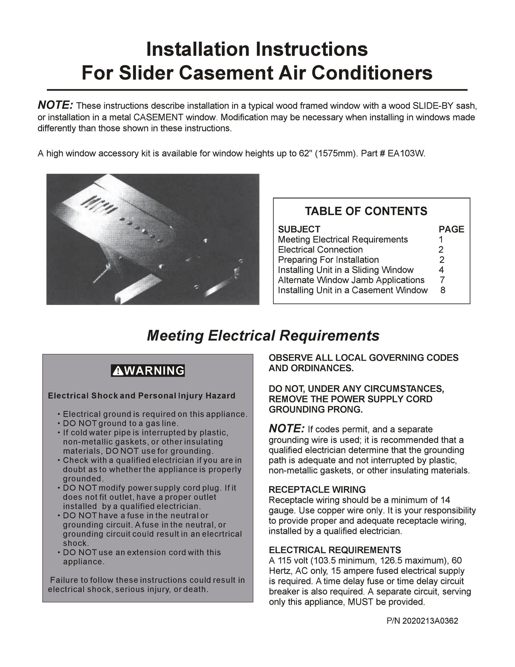 Frigidaire 2020213A0362 Air Conditioner User Manual