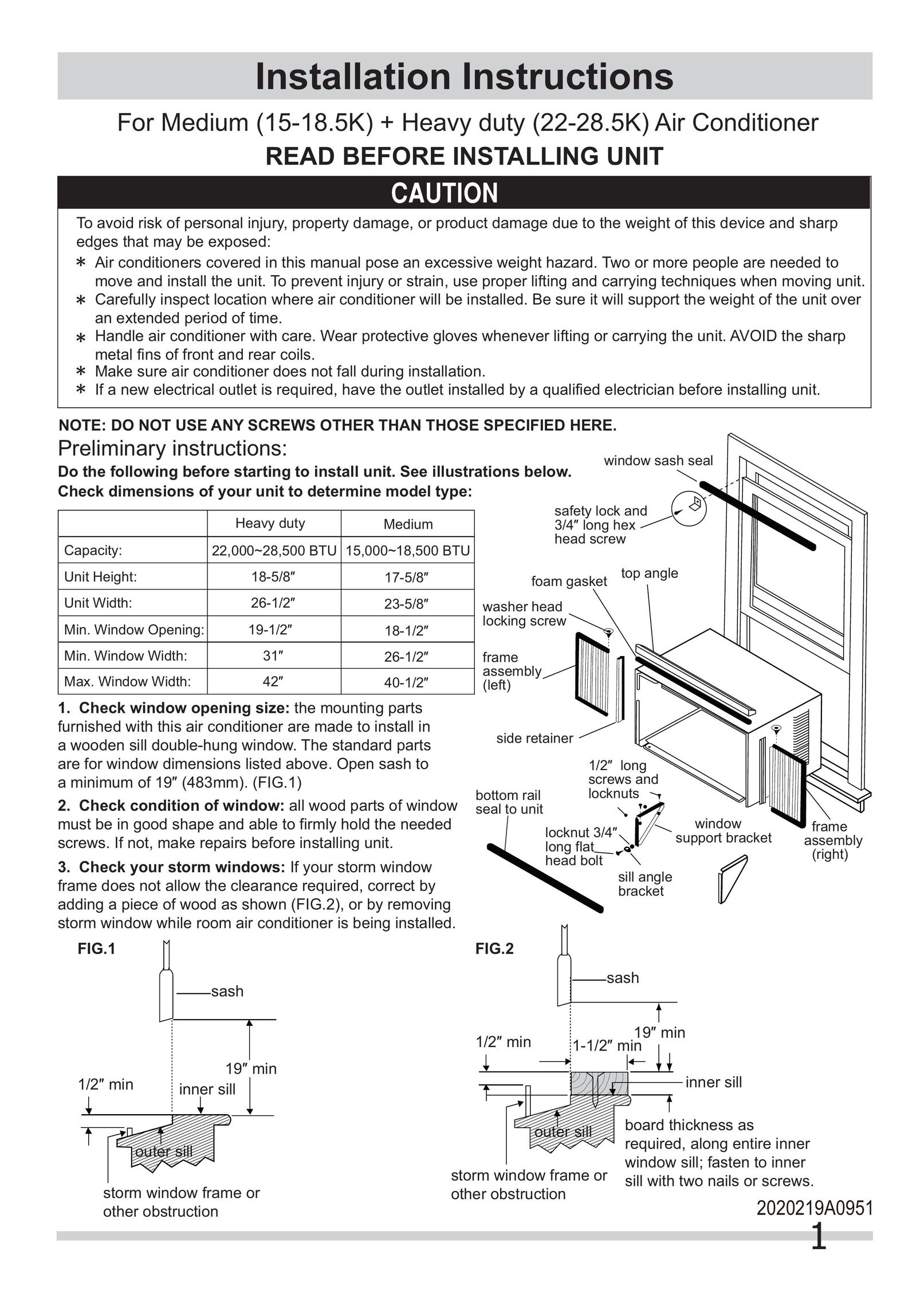 Frigidaire 2020219A0951 Air Conditioner User Manual