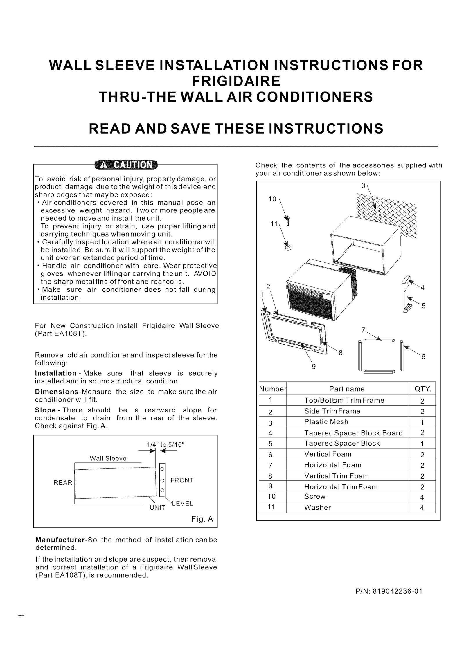 Frigidaire 819042236-01 Air Conditioner User Manual