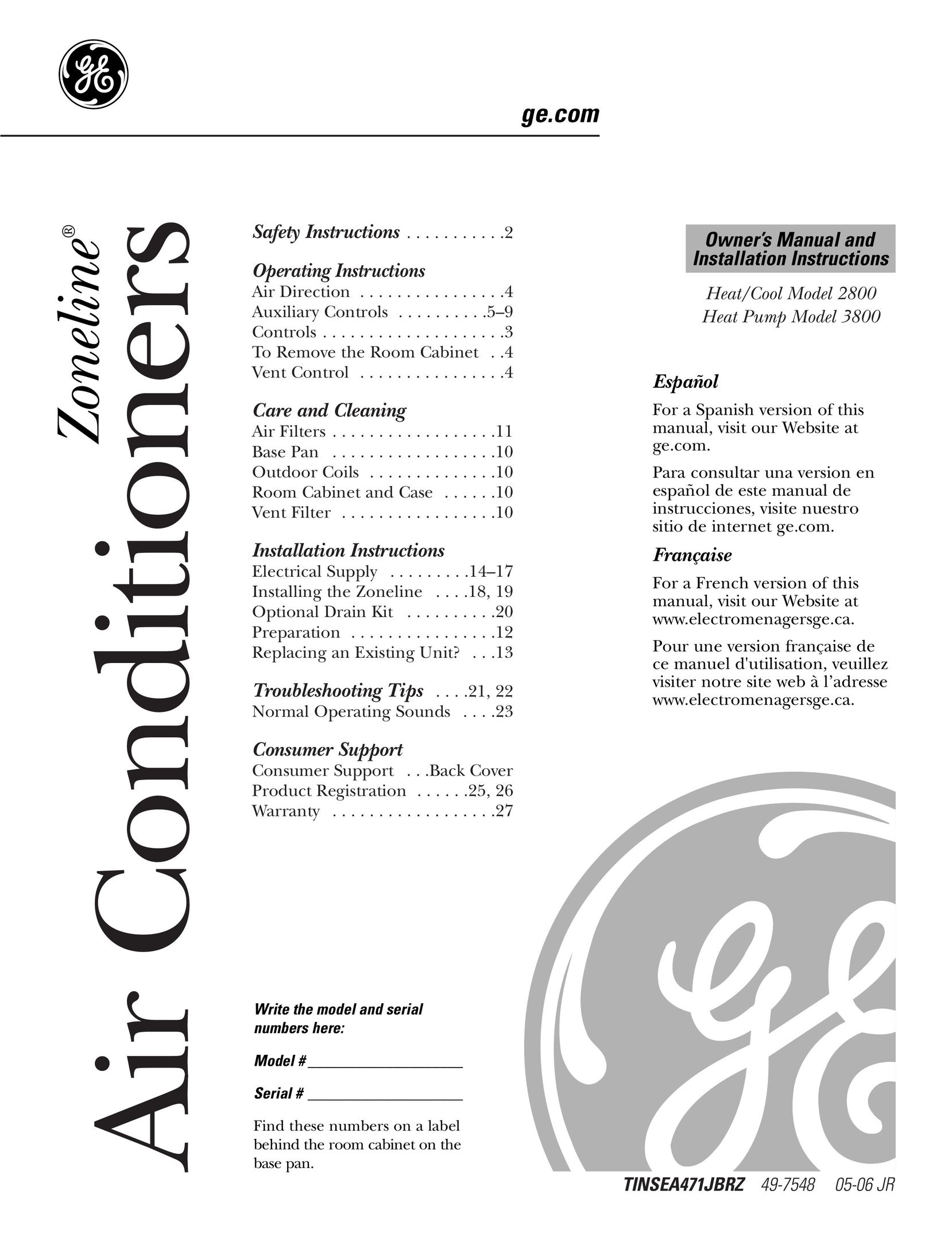 GE 2800 Air Conditioner User Manual