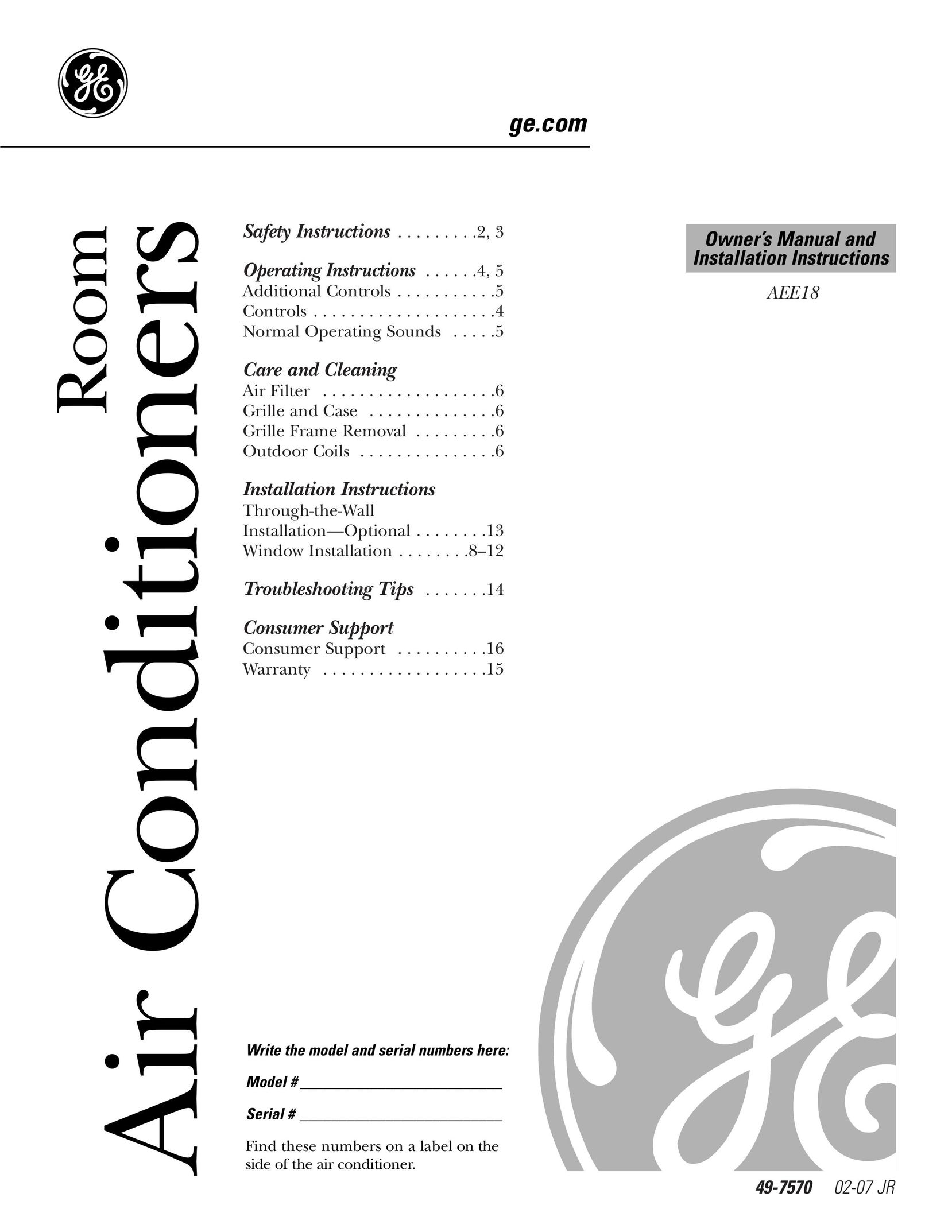 GE Monogram AEE18 Air Conditioner User Manual