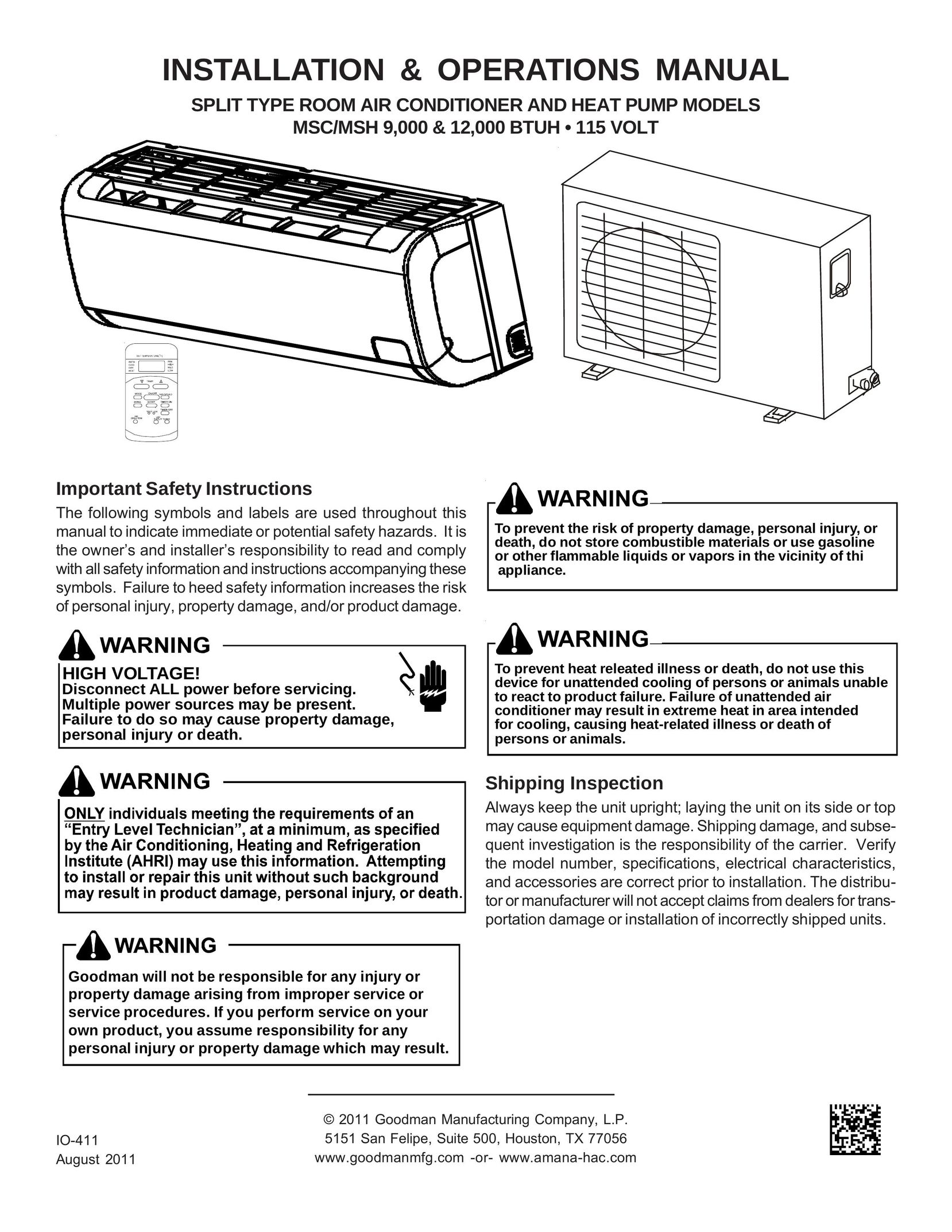 Goodman Mfg 000 BTUH + 115 Volt Air Conditioner User Manual