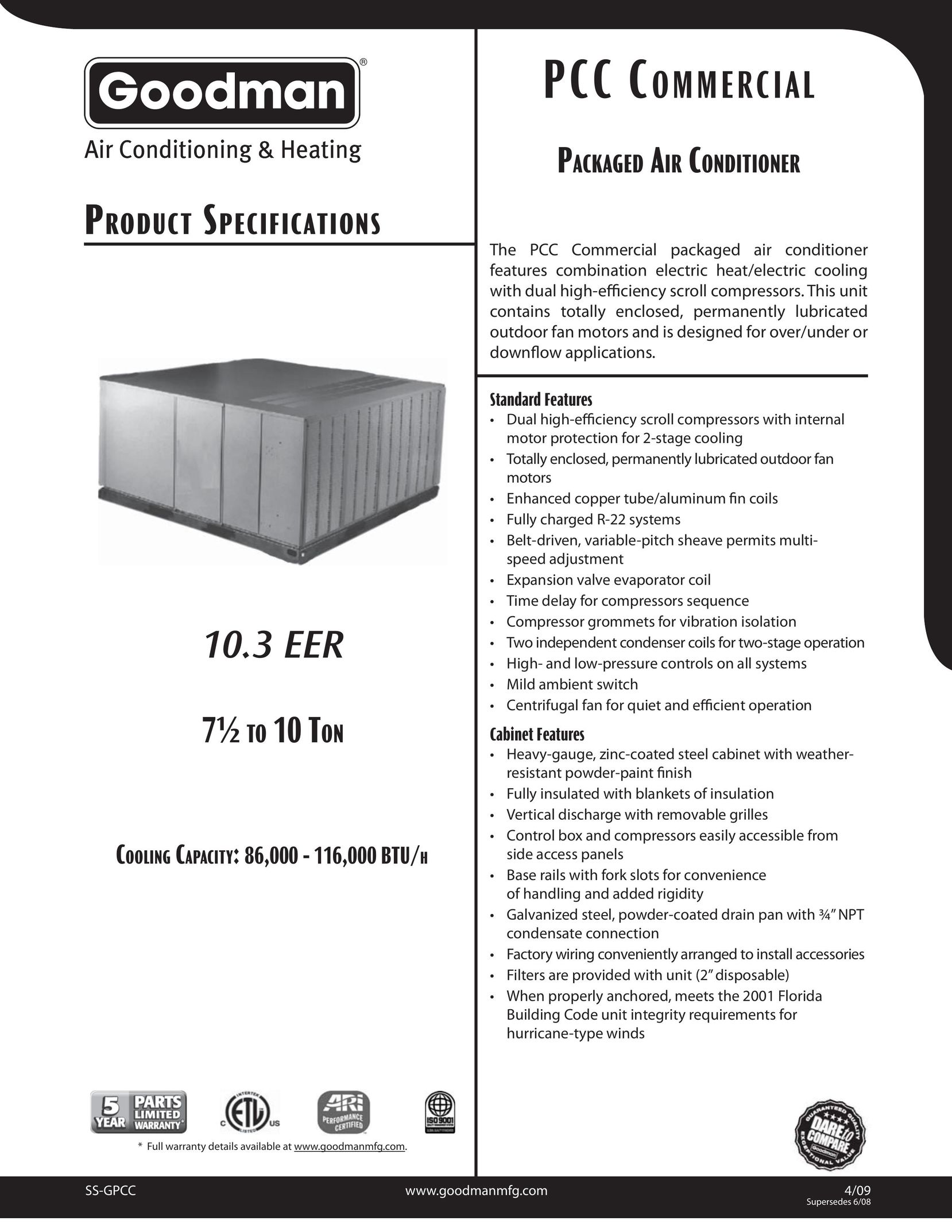 Goodman Mfg 10.3 EER Air Conditioner User Manual