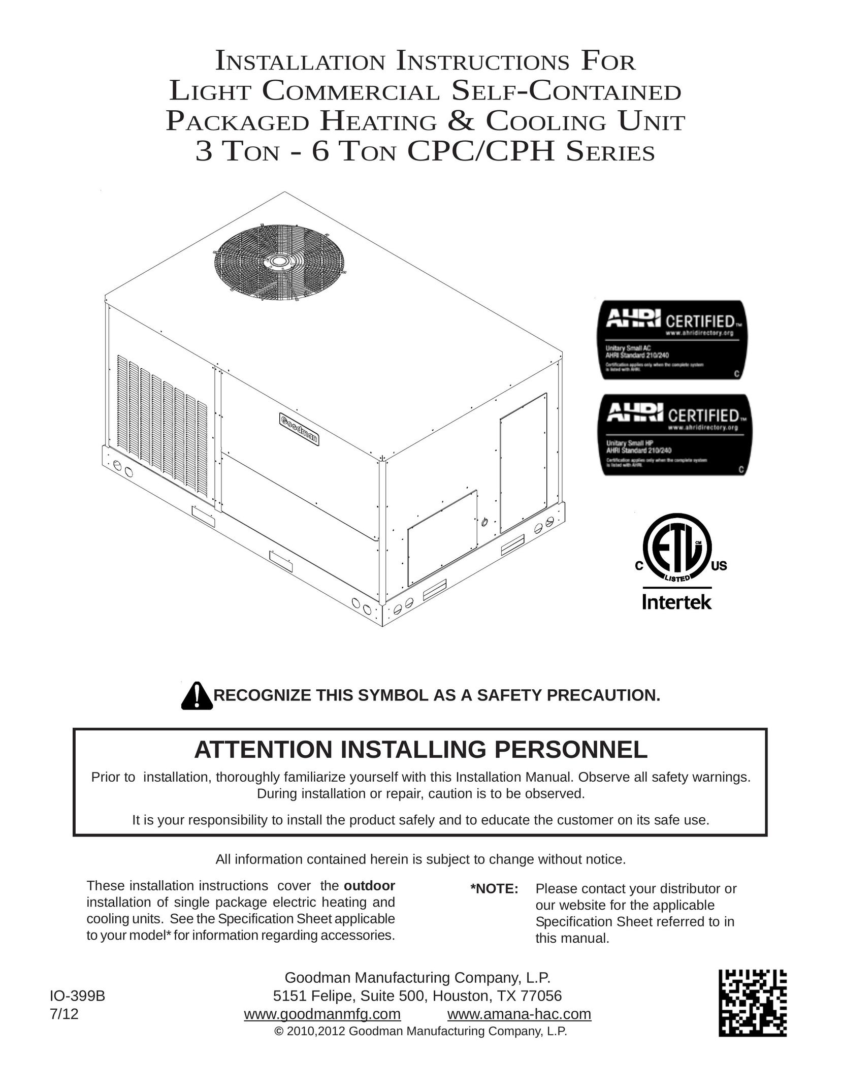 Goodman Mfg 3 Ton- 6 Ton CPC/CPH Series Air Conditioner User Manual