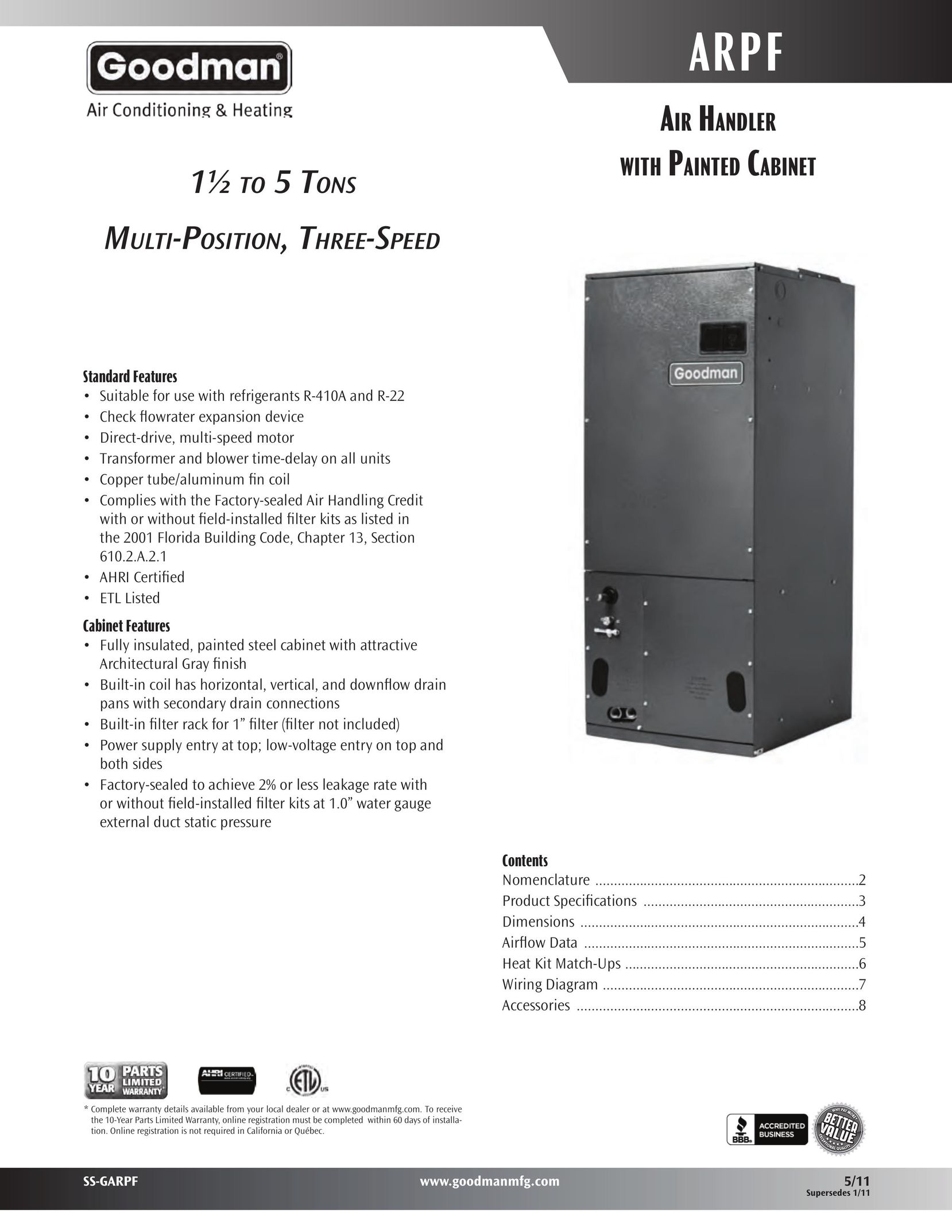 Goodman Mfg Air Handler with Painted Cabinet Air Conditioner User Manual
