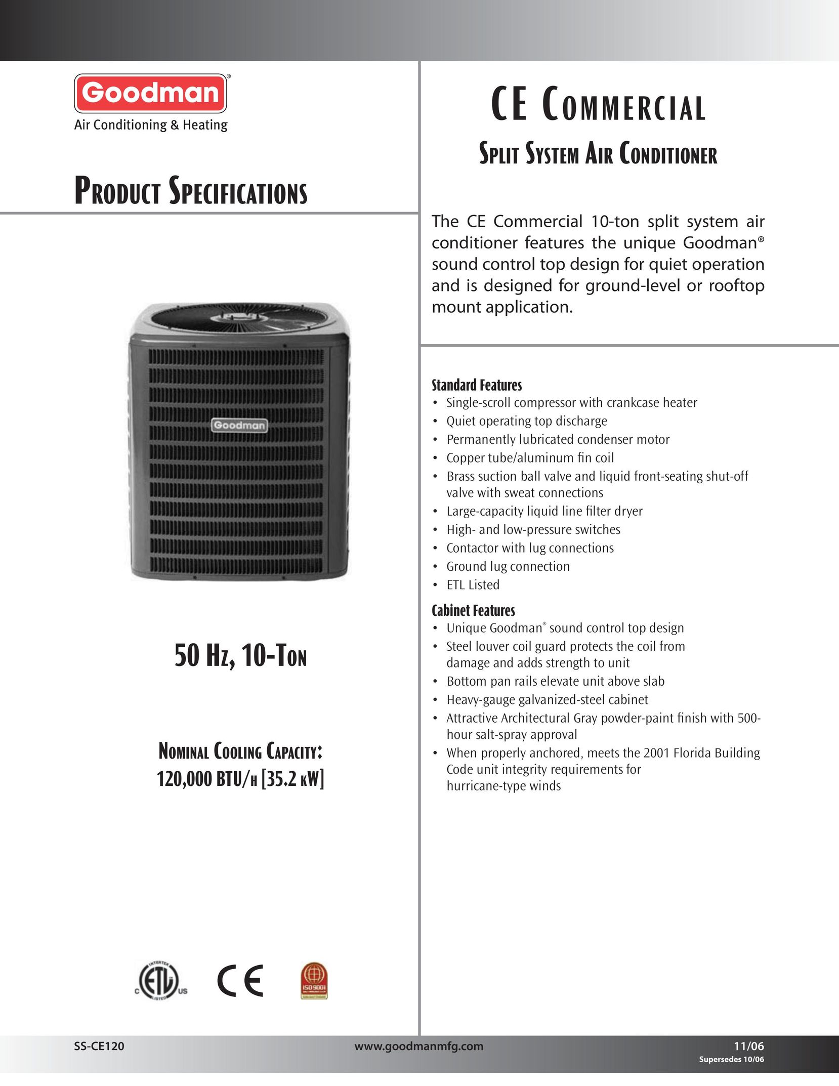 Goodman Mfg CE COMMERCIAL SPLIT SYSTEM AIR CONDITIONER Air Conditioner User Manual