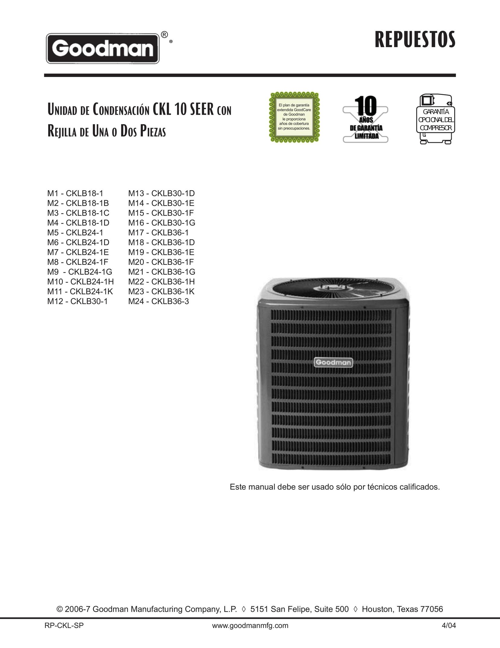 Goodman Mfg CKLB18-1B Air Conditioner User Manual