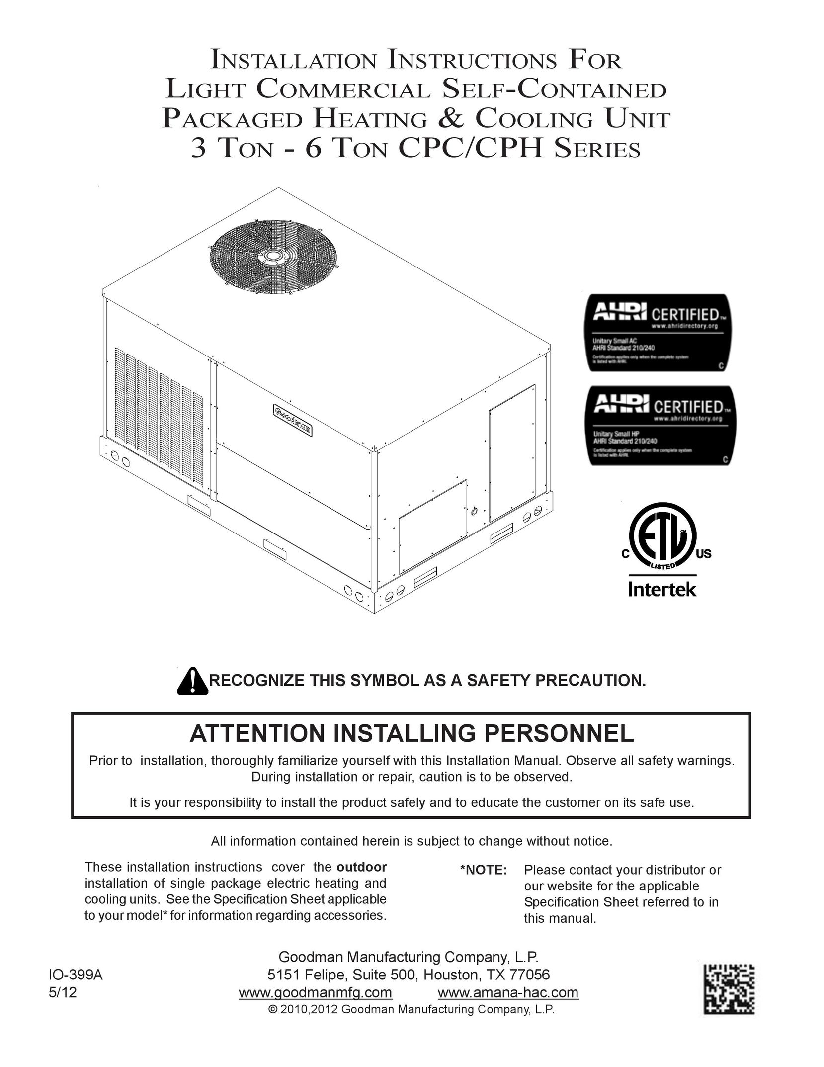 Goodman Mfg CPC/CPH Air Conditioner User Manual