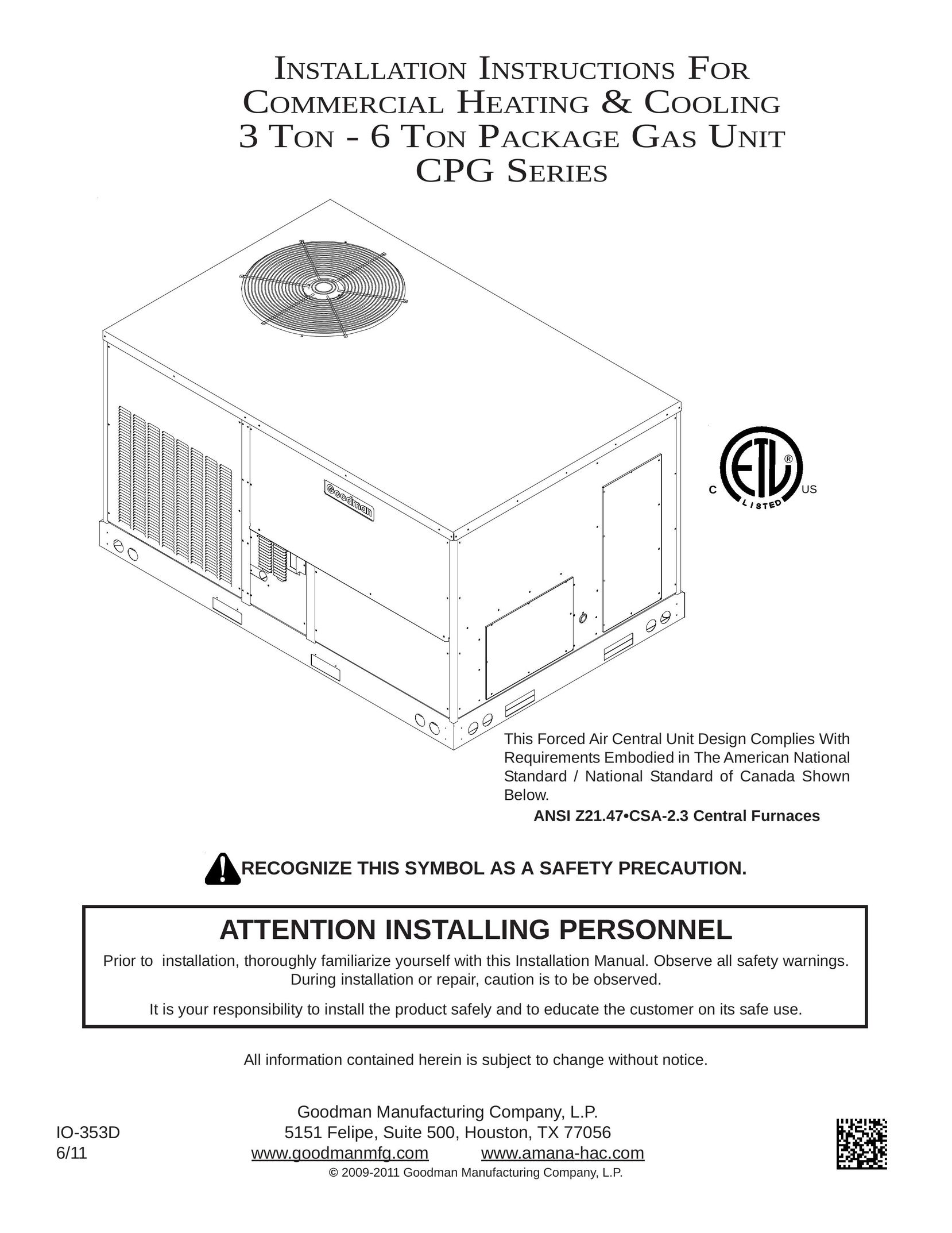Goodmans CPG SERIES Air Conditioner User Manual