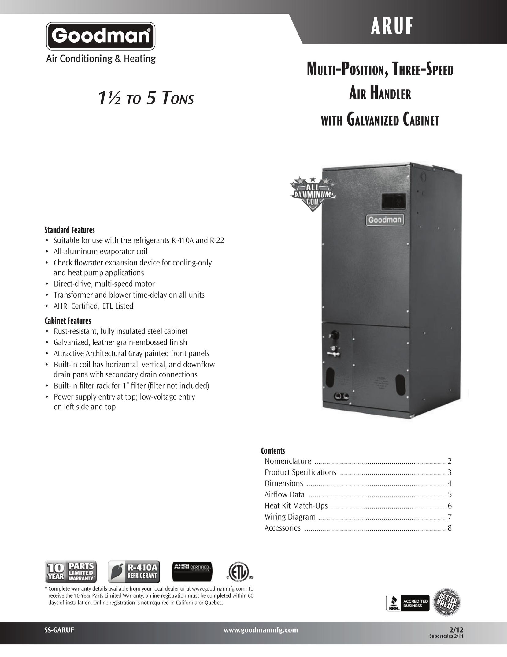 Goodmans Multi-Position, Three-Speed Air Handler With Galvanized Cabinet Air Conditioner User Manual