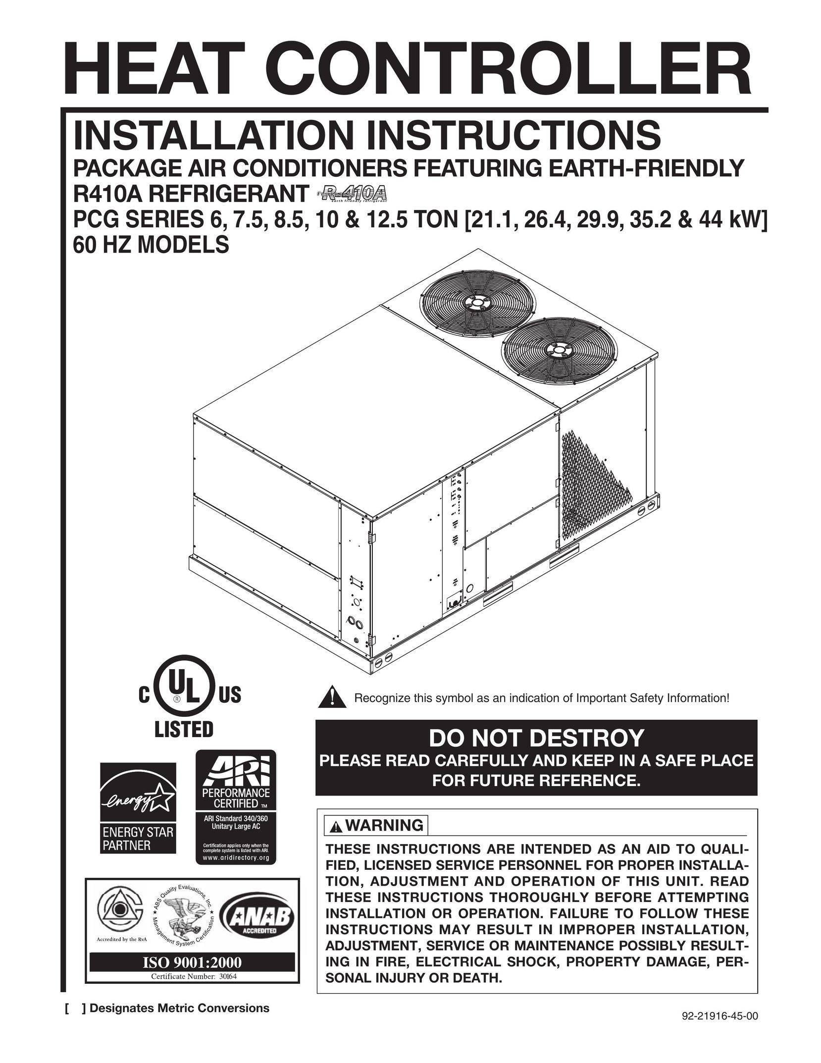 Heat Controller 12.5 TON Air Conditioner User Manual