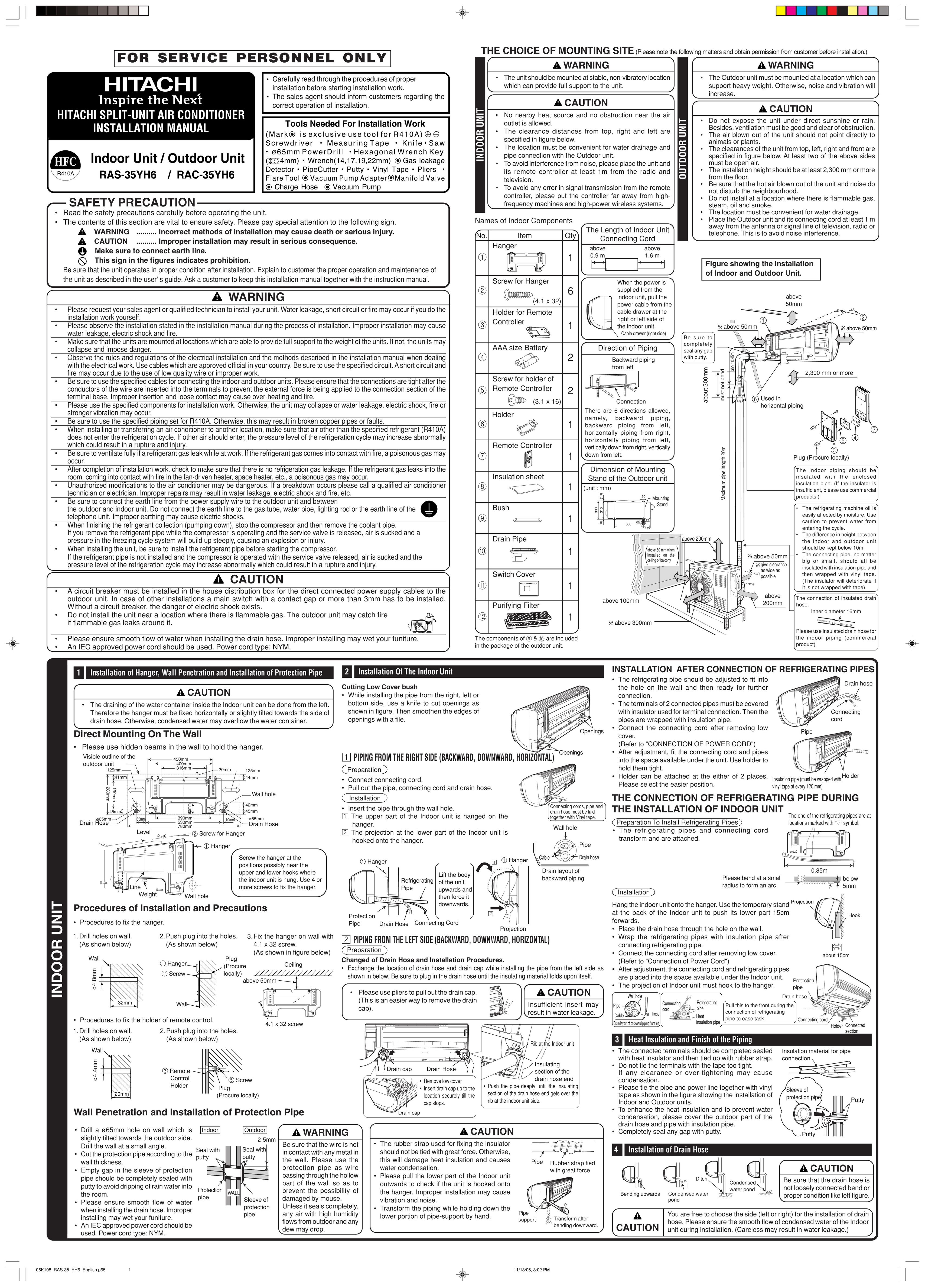 Hitachi RAC-35YH6 Air Conditioner User Manual