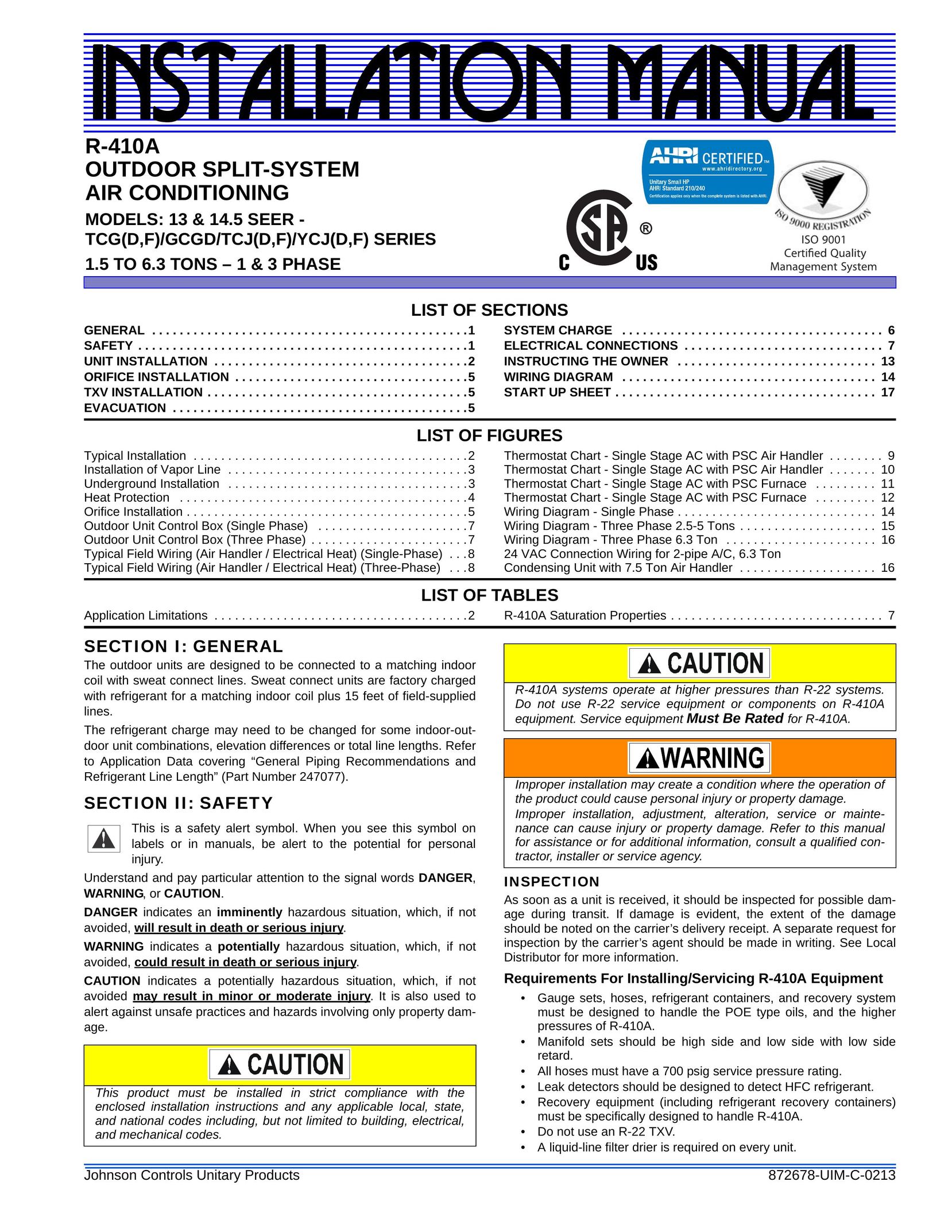 Johnson Controls 13 & 14.5 SEER - TCG(D Air Conditioner User Manual