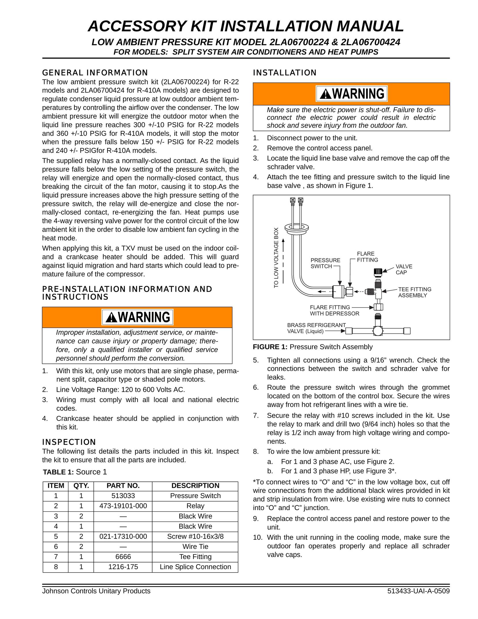 Johnson Controls Low Ambient Pressure Kit Air Conditioner User Manual