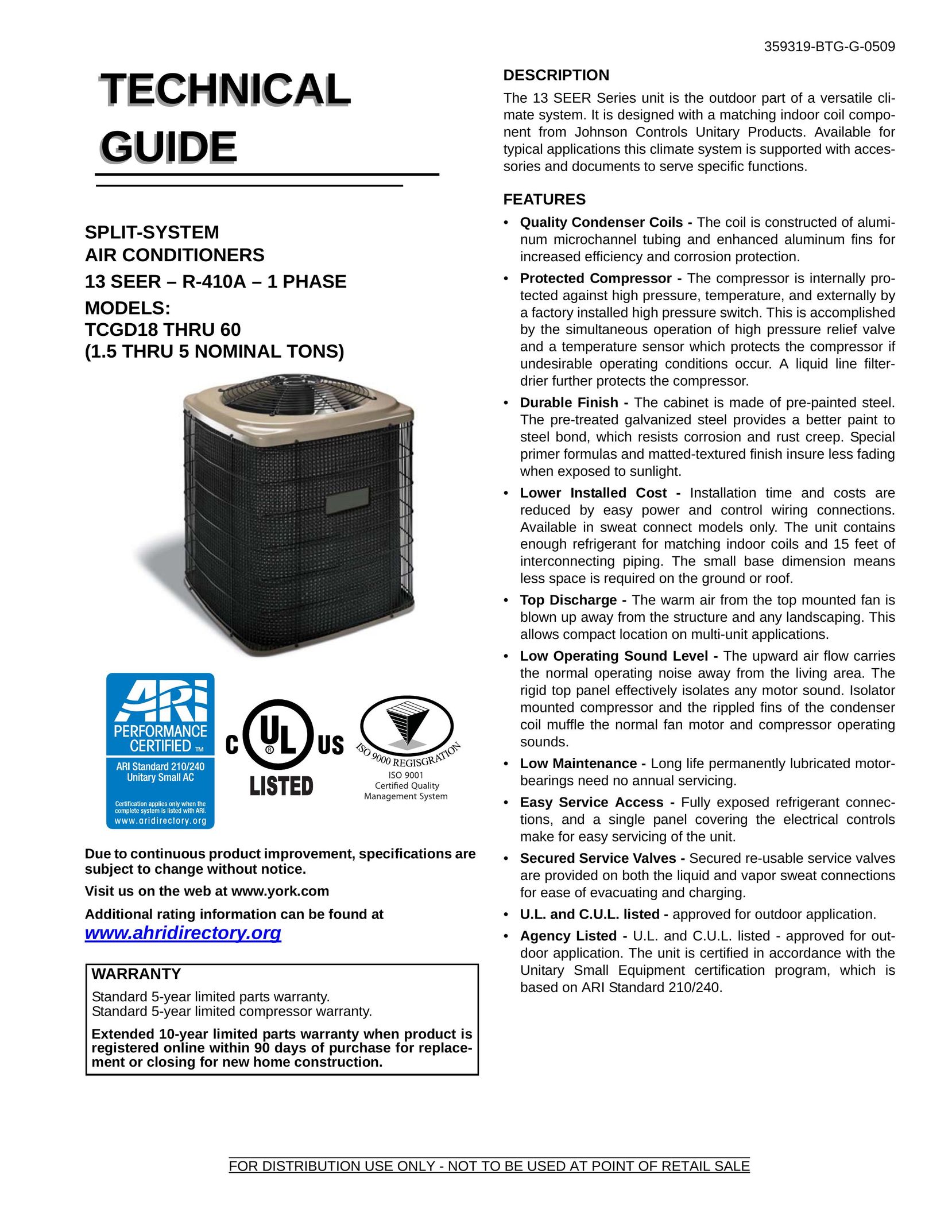 Johnson Controls TCGD18 THRU 60 Air Conditioner User Manual