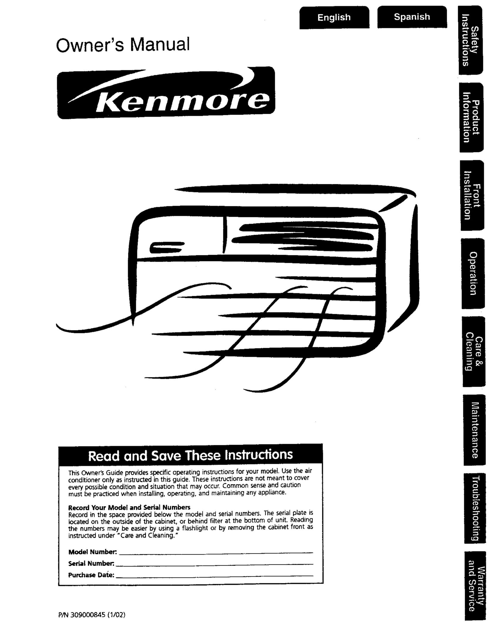 Kenmore 309000845 Air Conditioner User Manual