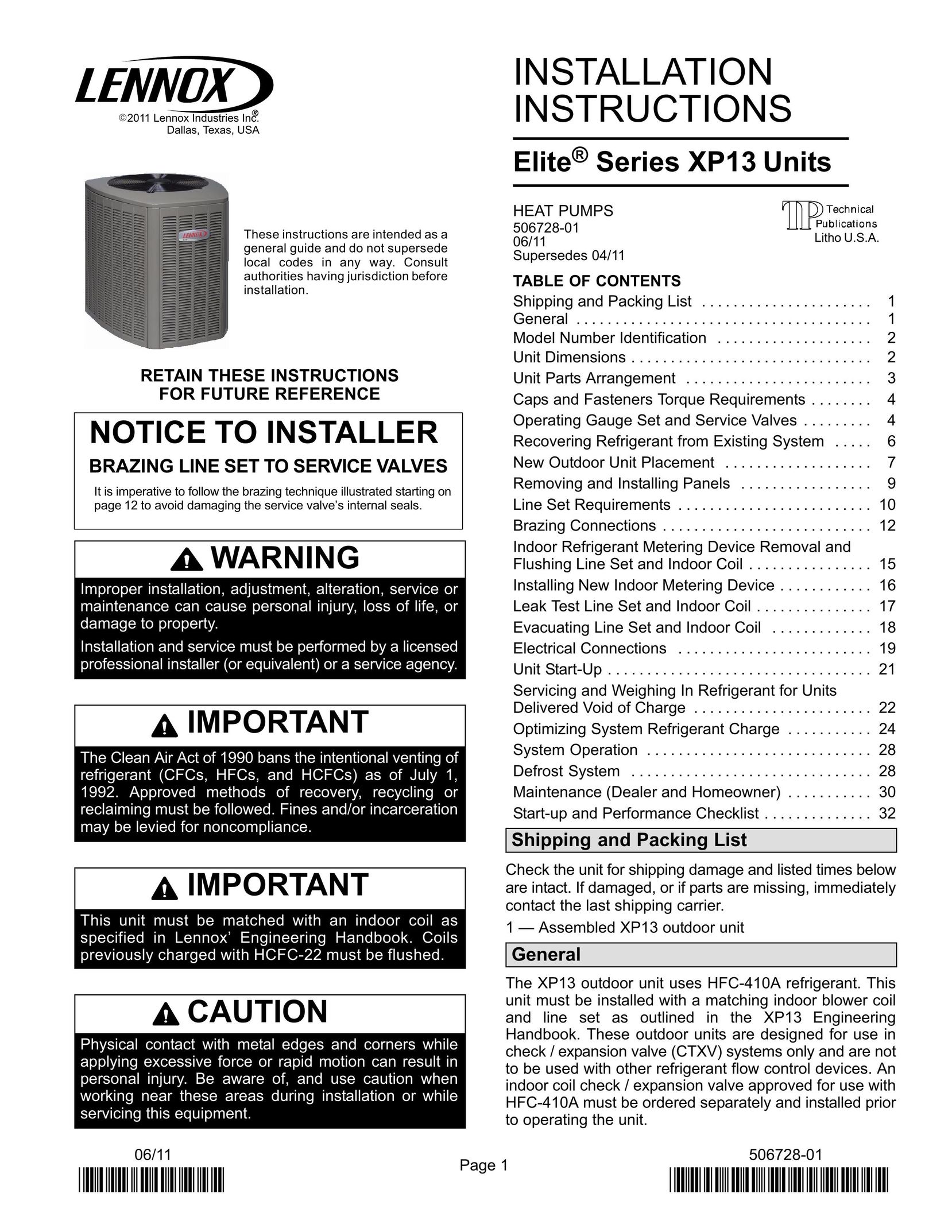Lennox International Inc. 06/11 50672801 Air Conditioner User Manual