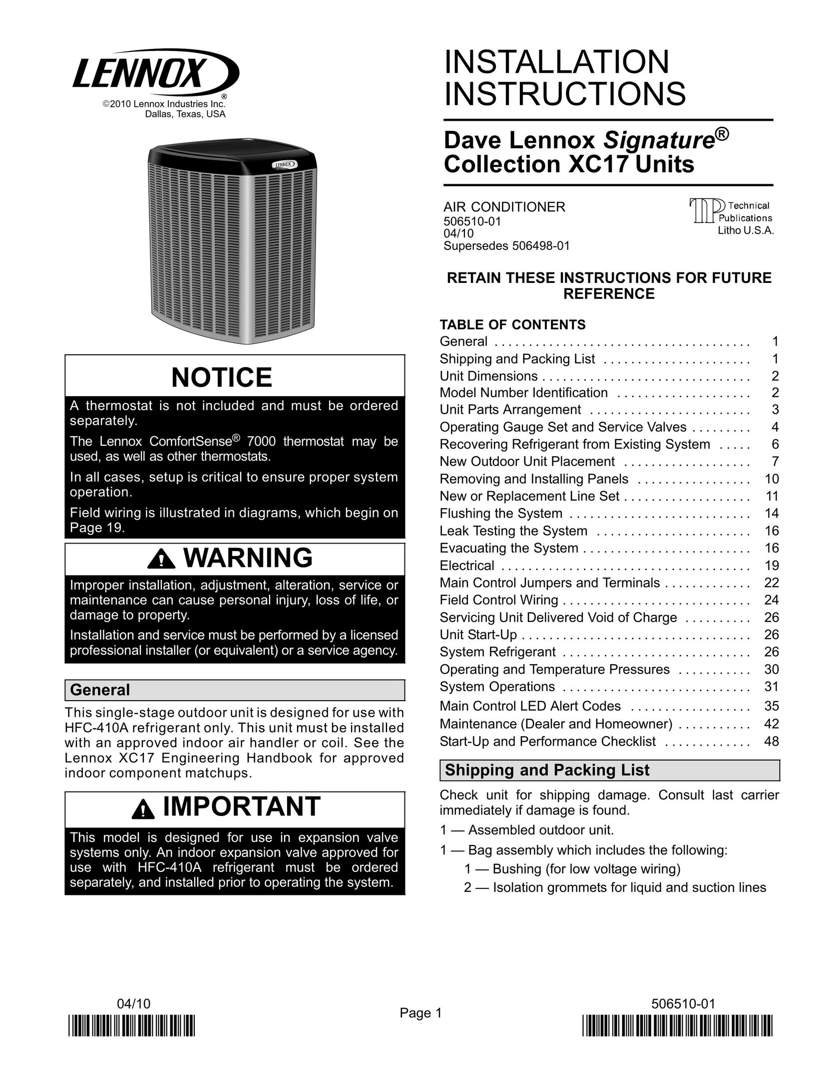 Lennox International Inc. 506510-01 Air Conditioner User Manual