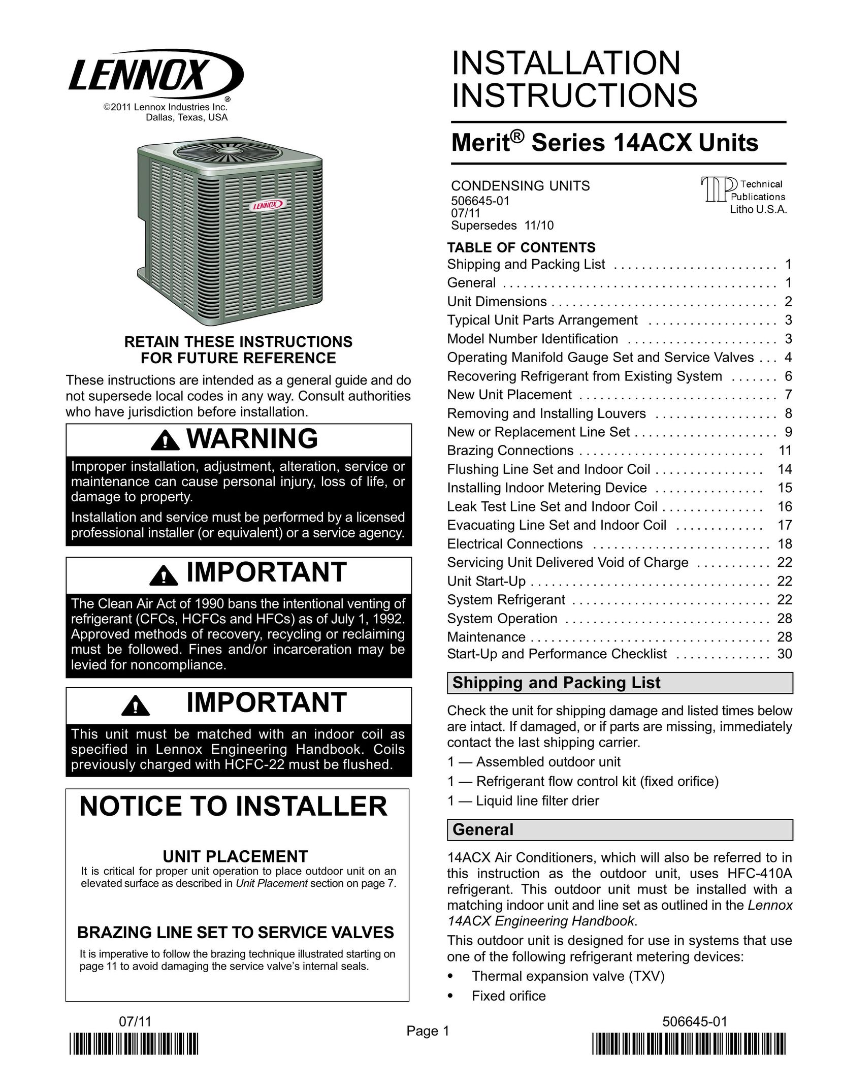 Lennox International Inc. Merit Series 14ACX Units Air Conditioner User Manual