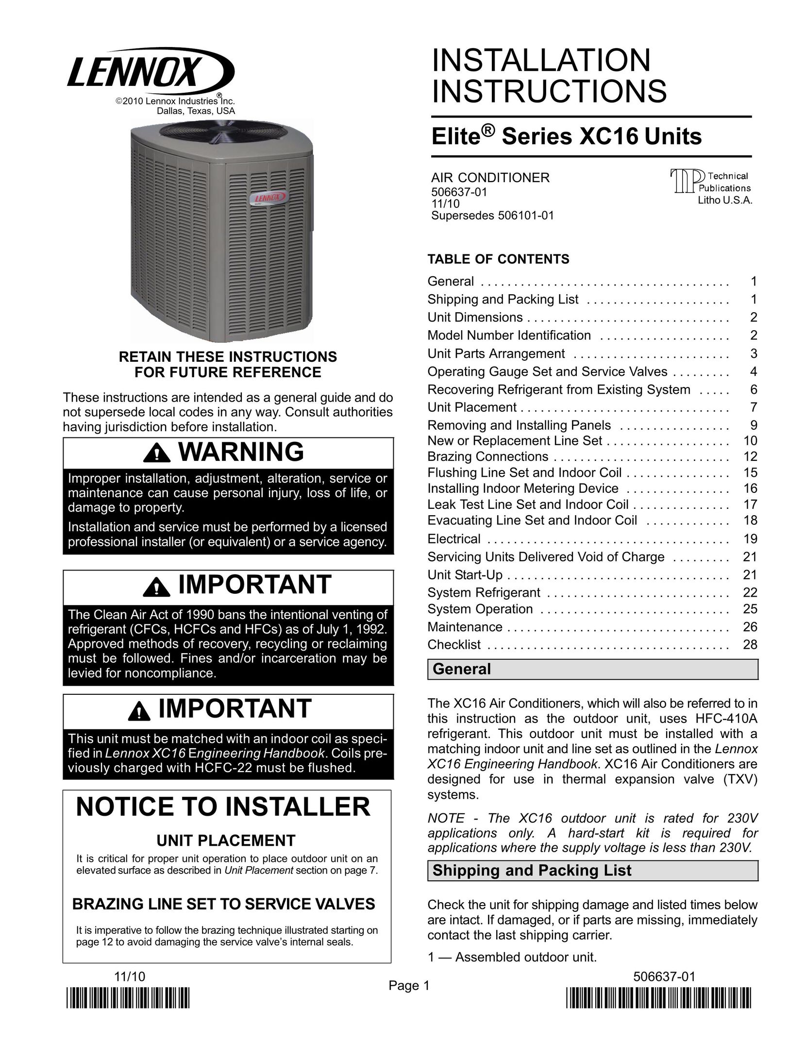 Lenox Elite Series X16 Air Conditioner Units Air Conditioner User Manual