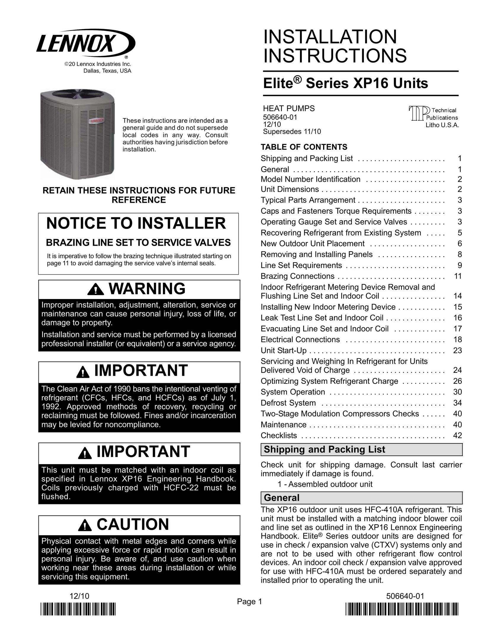 Lenox P506640-01 Air Conditioner User Manual