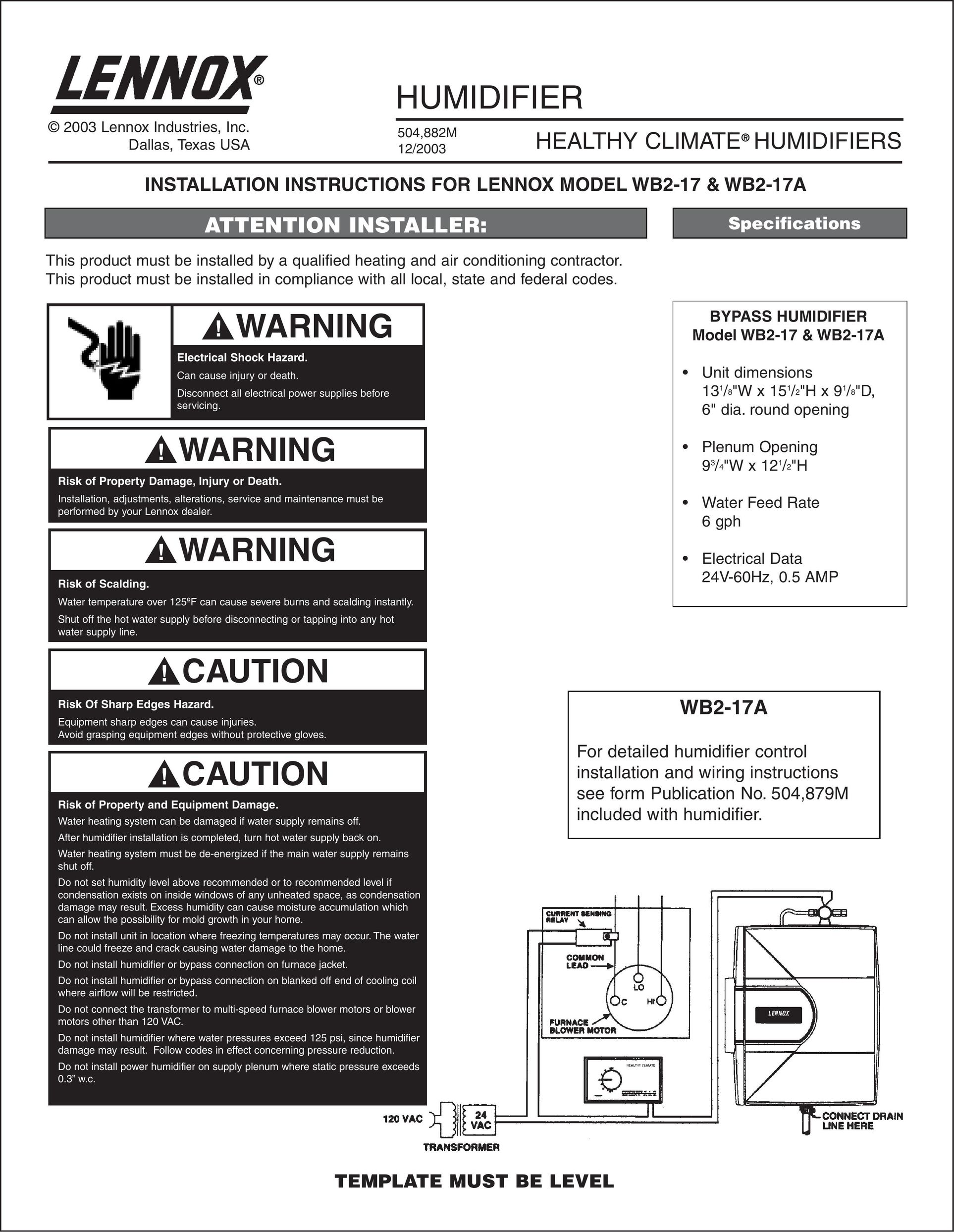 Lenox wb2-17a Air Conditioner User Manual