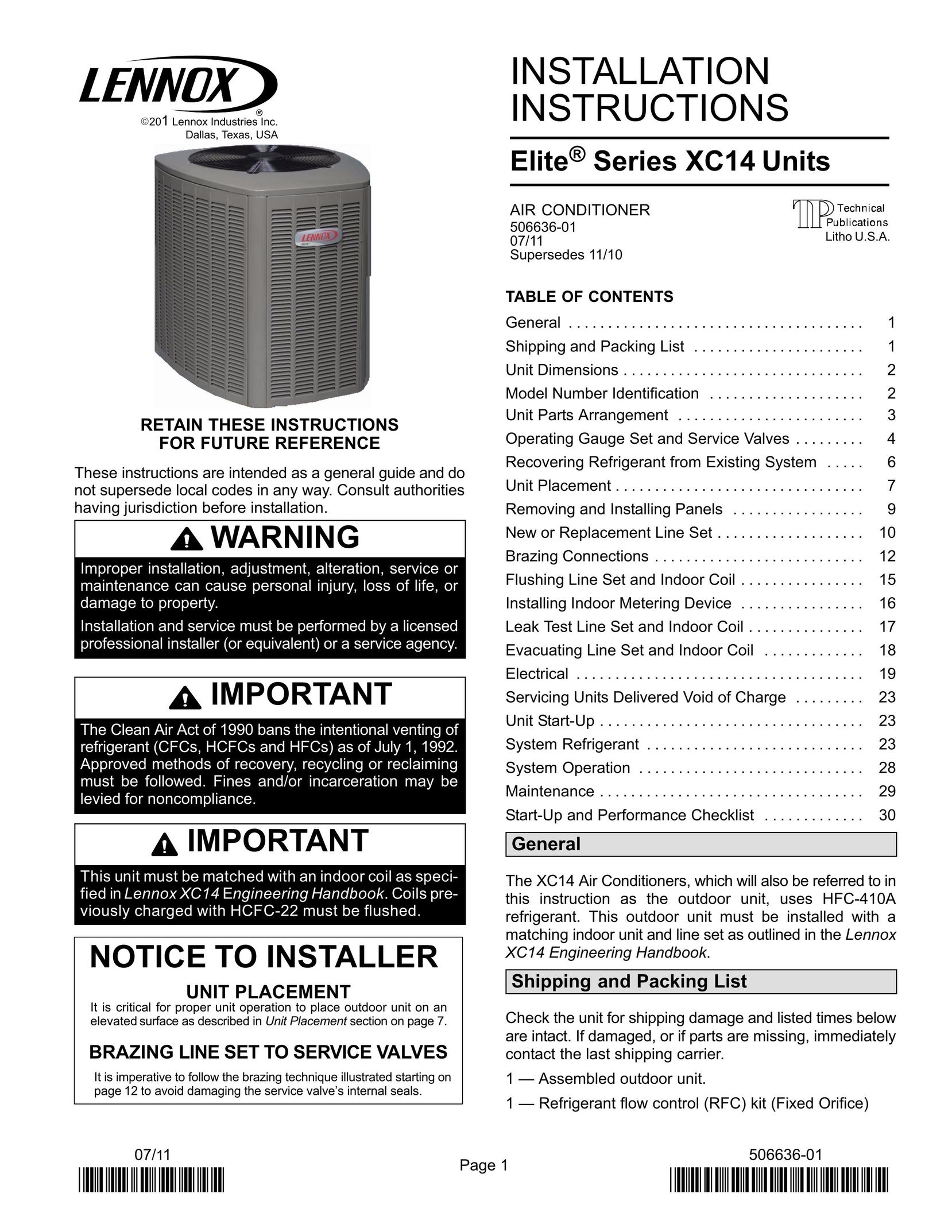 Lenox XC14 Air Conditioner User Manual