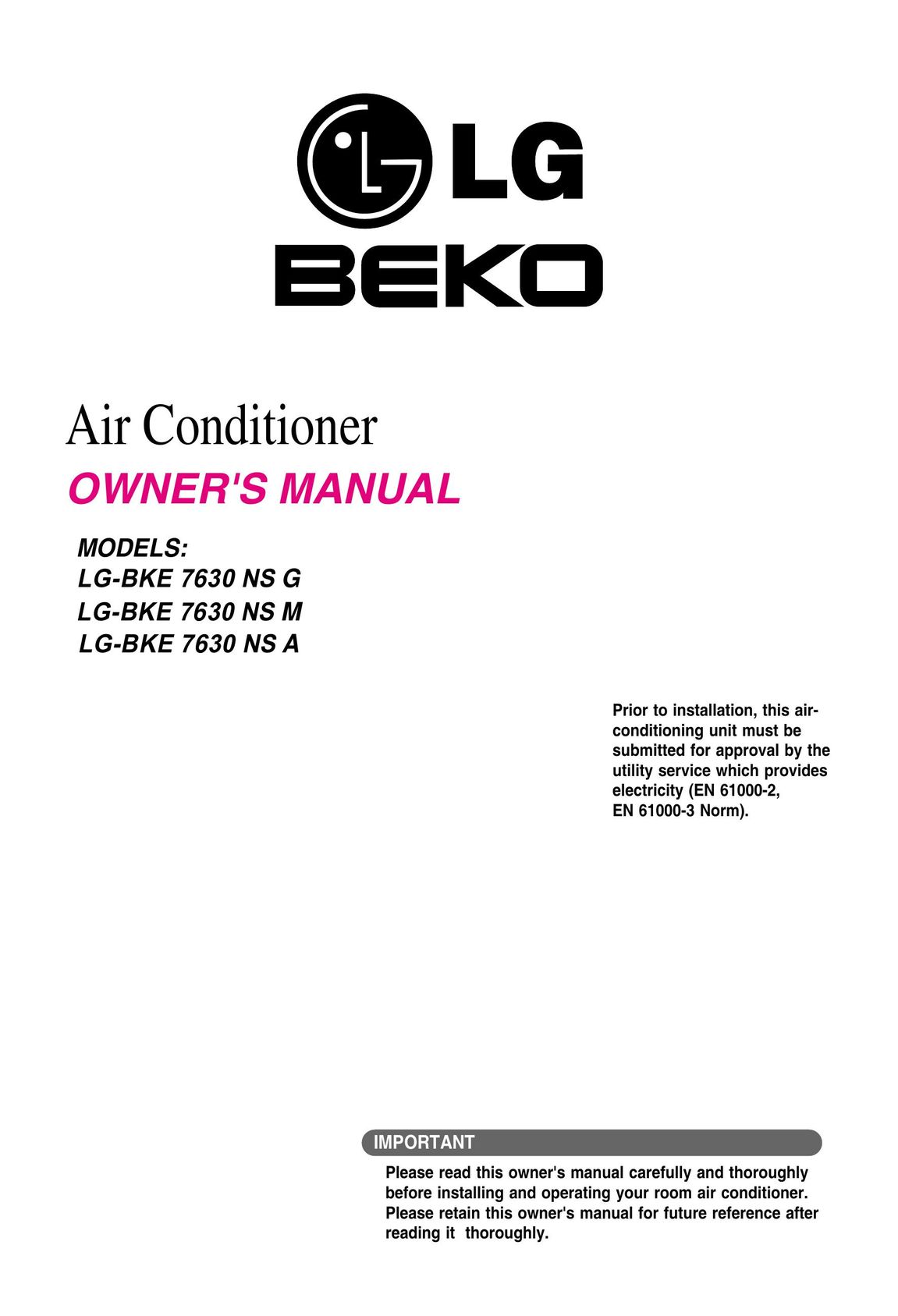 LG Electronics -BKE 7630 NS G Air Conditioner User Manual