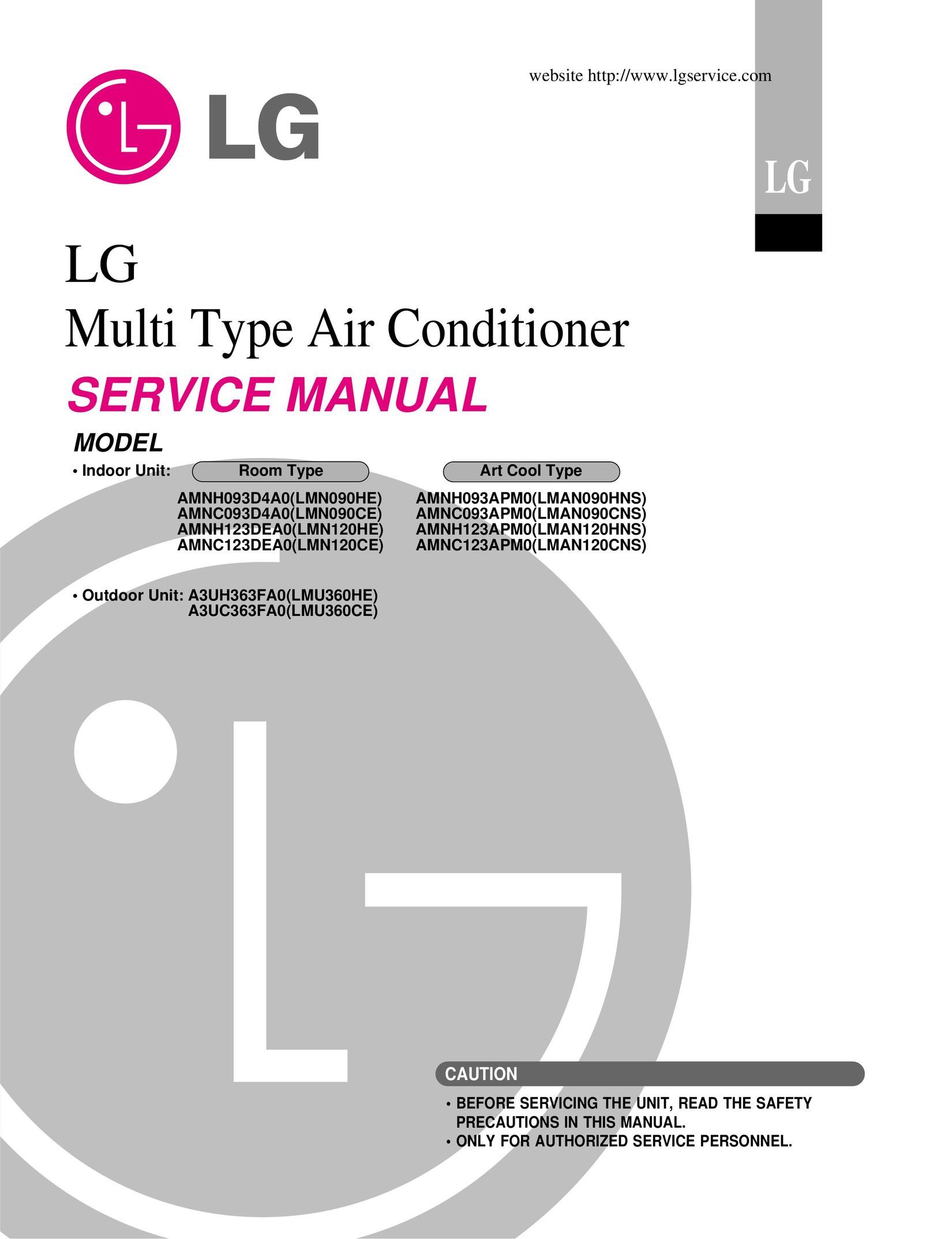 LG Electronics A3UH363FA0, A3UC363FA0, AMNH093D4A0, AMNC093D4A0, AMNH123DEA0, AMNC123DEA0, AMNH093APM0, AMNC093APM0, AMNH123APM0, AMNC123APM0 Air Conditioner User Manual
