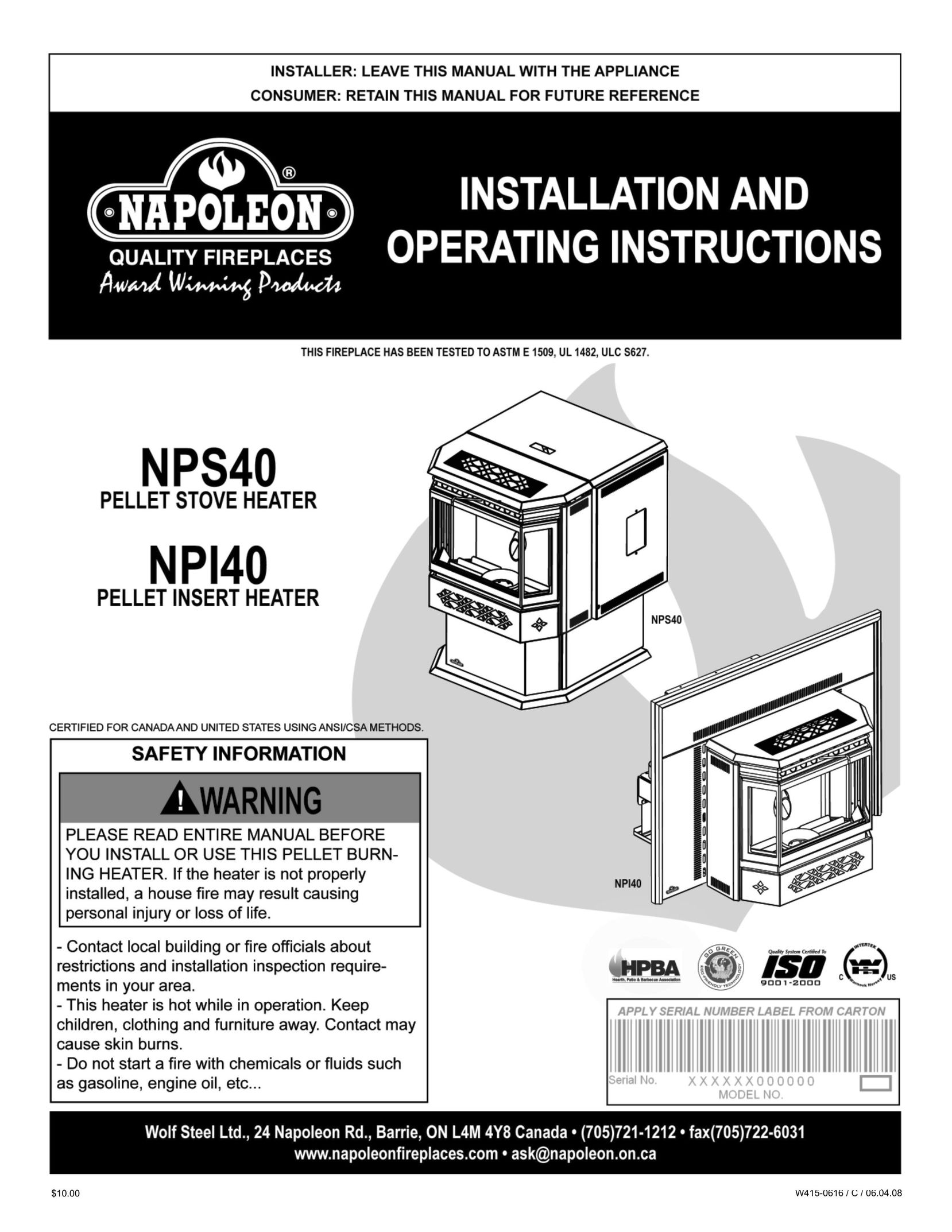 Napoleon Fireplaces NPS40 Air Conditioner User Manual