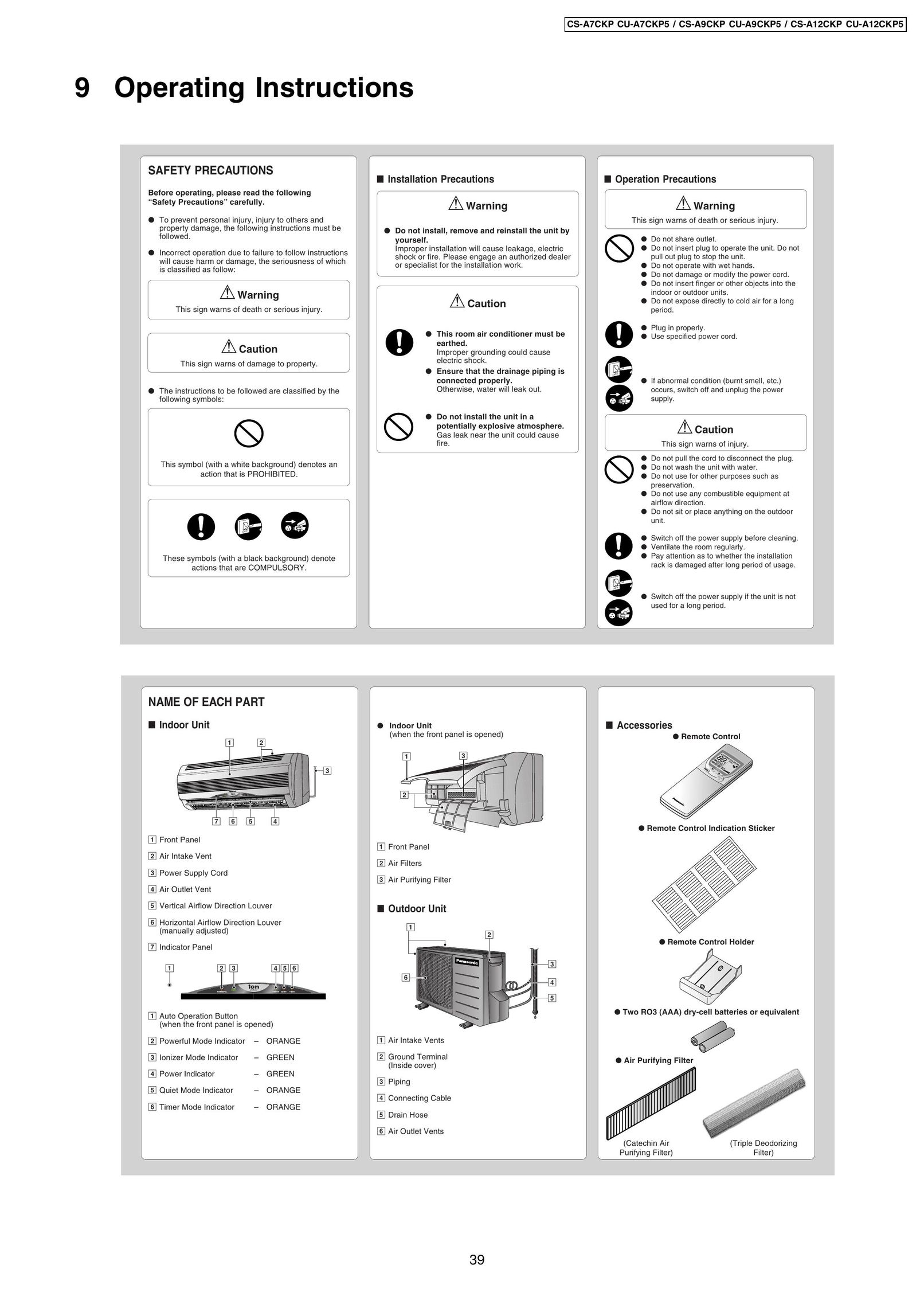 Panasonic CS-A12CKP Air Conditioner User Manual