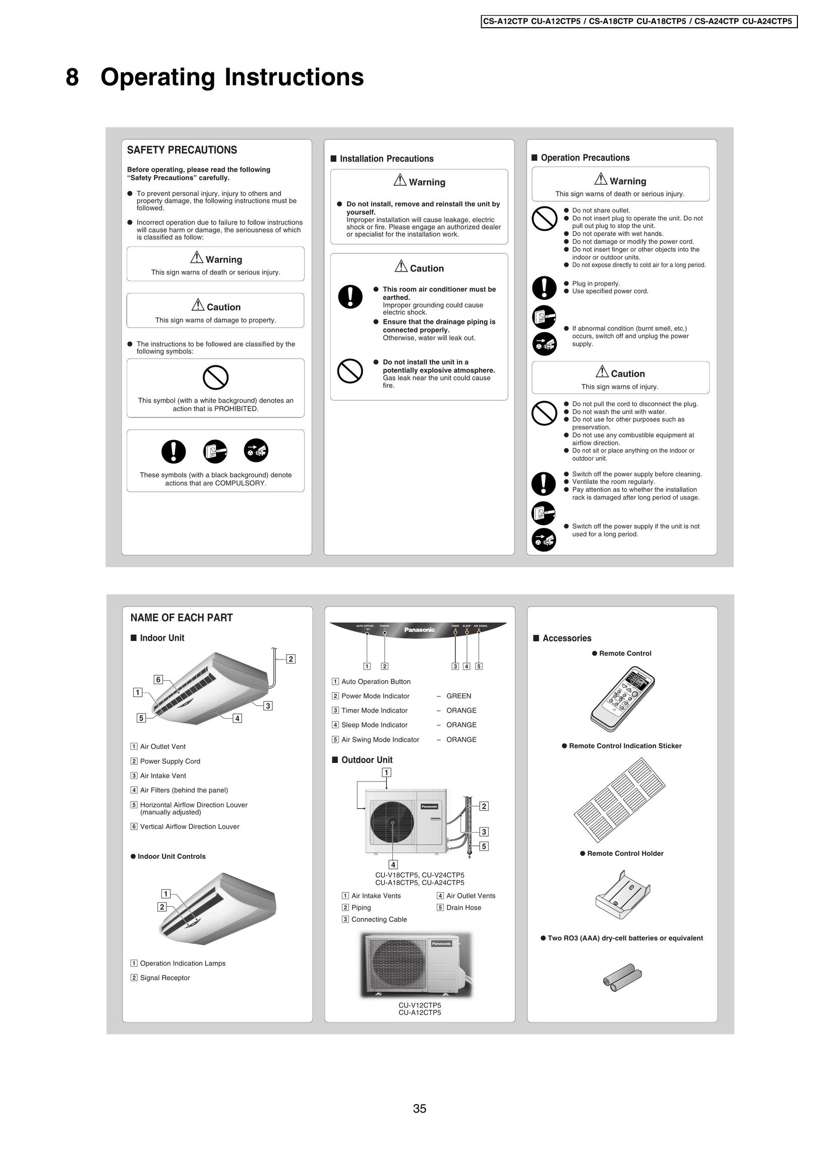 Panasonic CS-A18CTP Air Conditioner User Manual