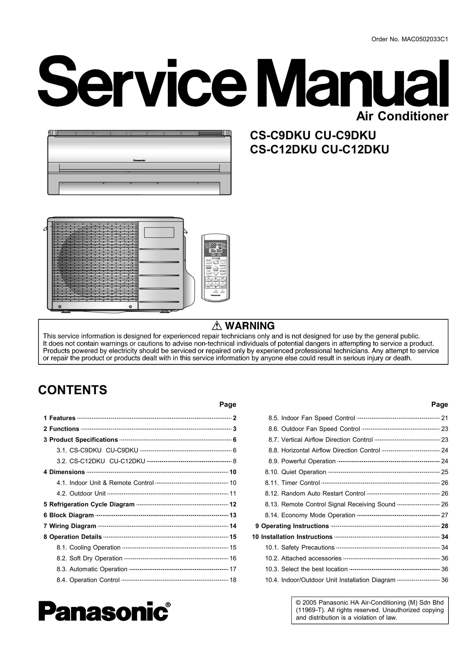 Panasonic CS-C9DKU Air Conditioner User Manual