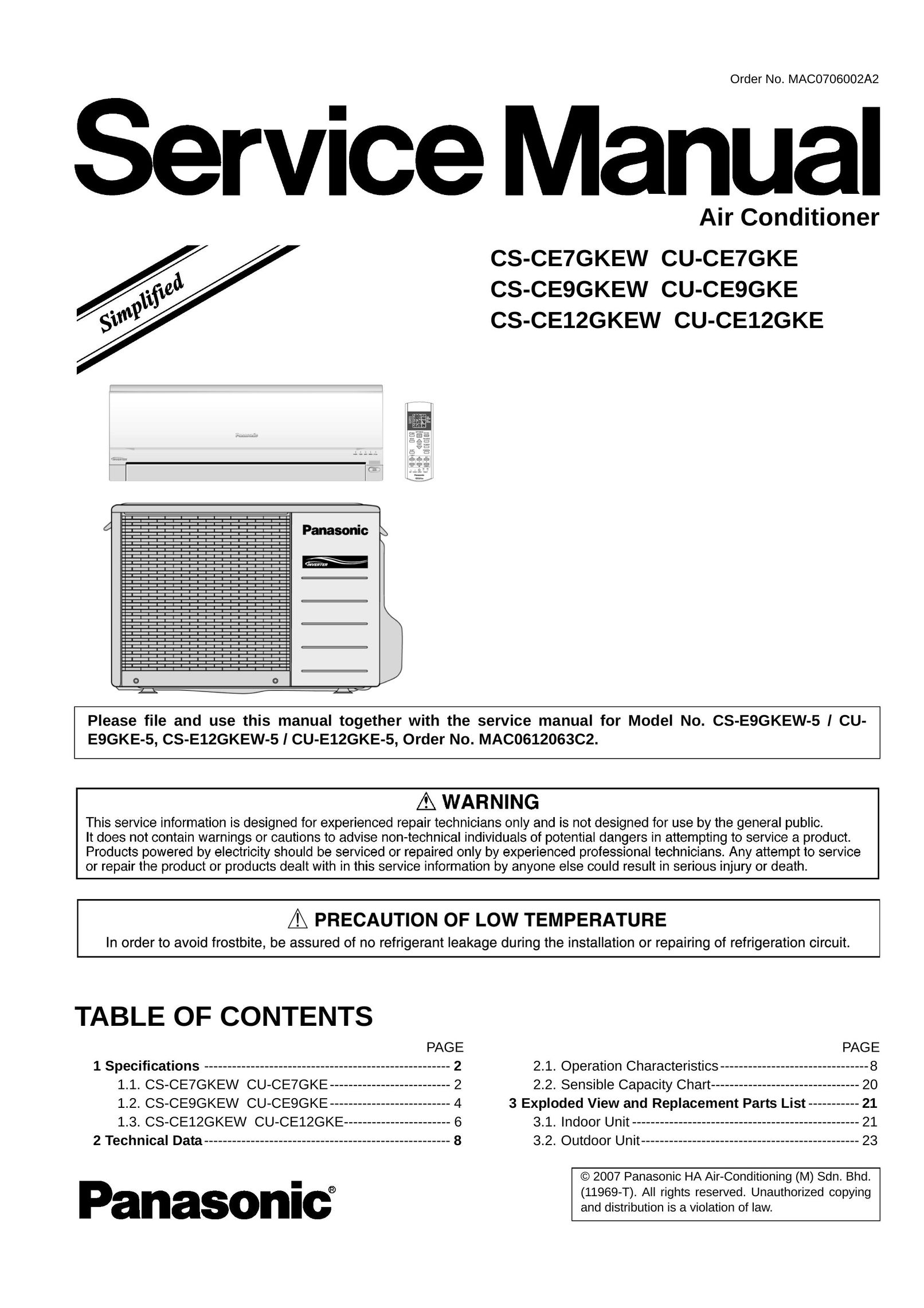 Panasonic CS-CE7GKEW Air Conditioner User Manual