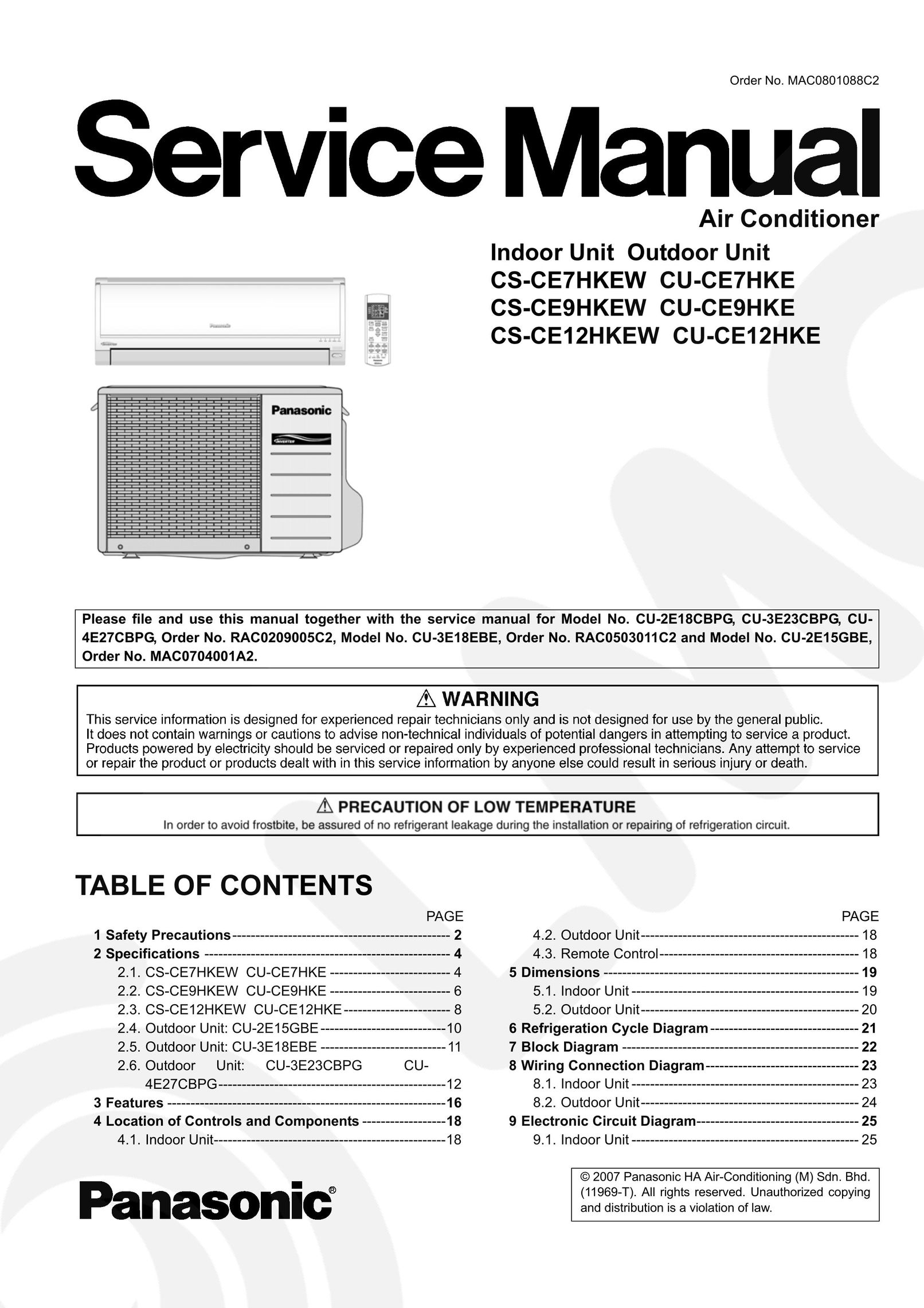 Panasonic CS-CE7HKEW Air Conditioner User Manual
