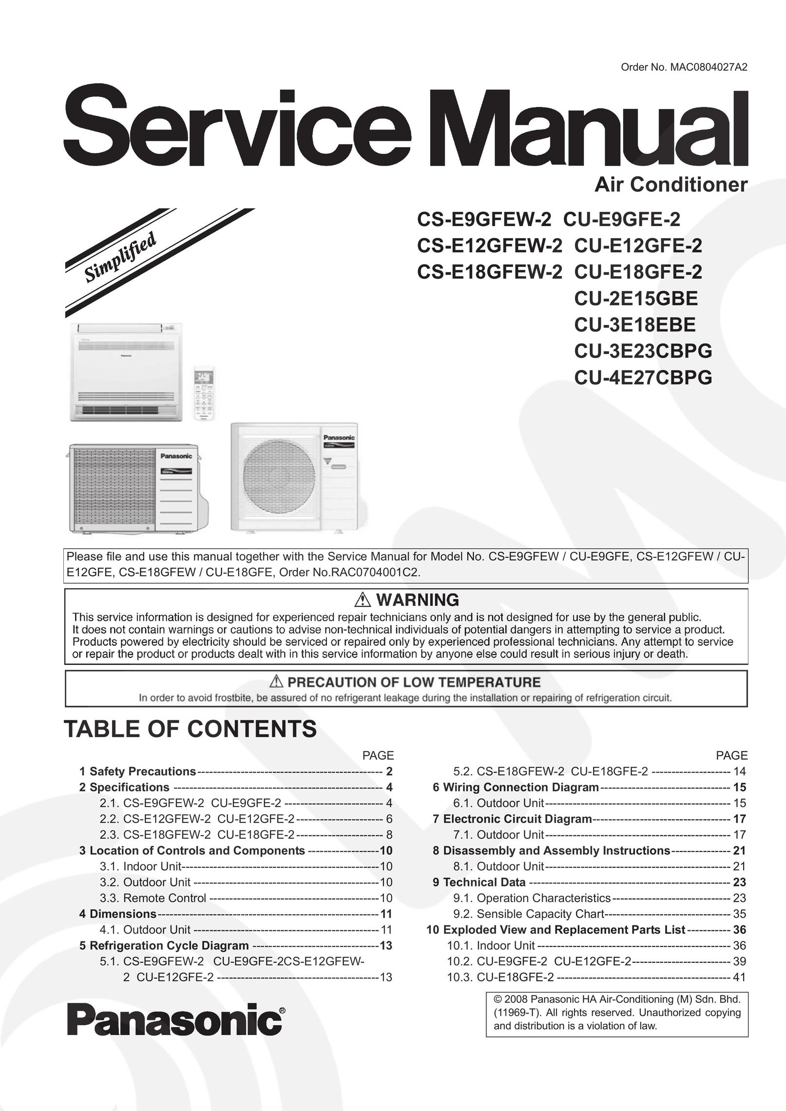 Panasonic CS-E12GFEW-2 Air Conditioner User Manual