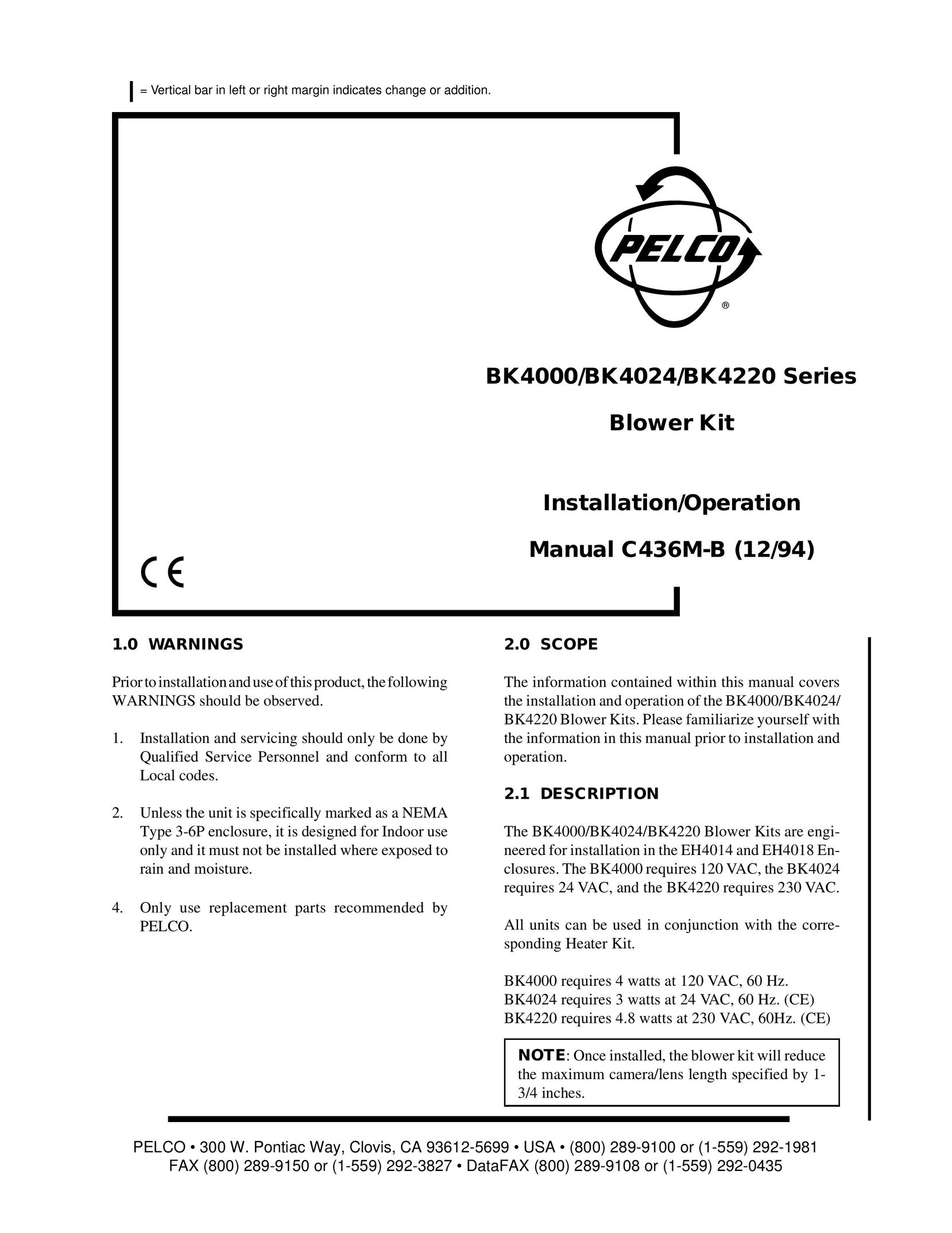 Pelco BK4024 Air Conditioner User Manual