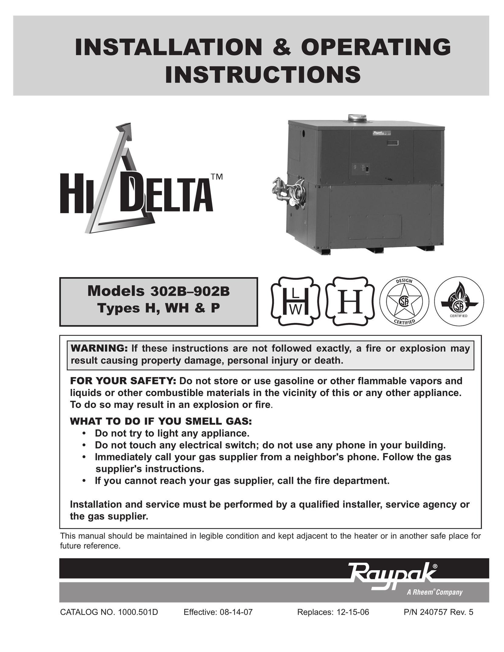 Raypak 302B Air Conditioner User Manual