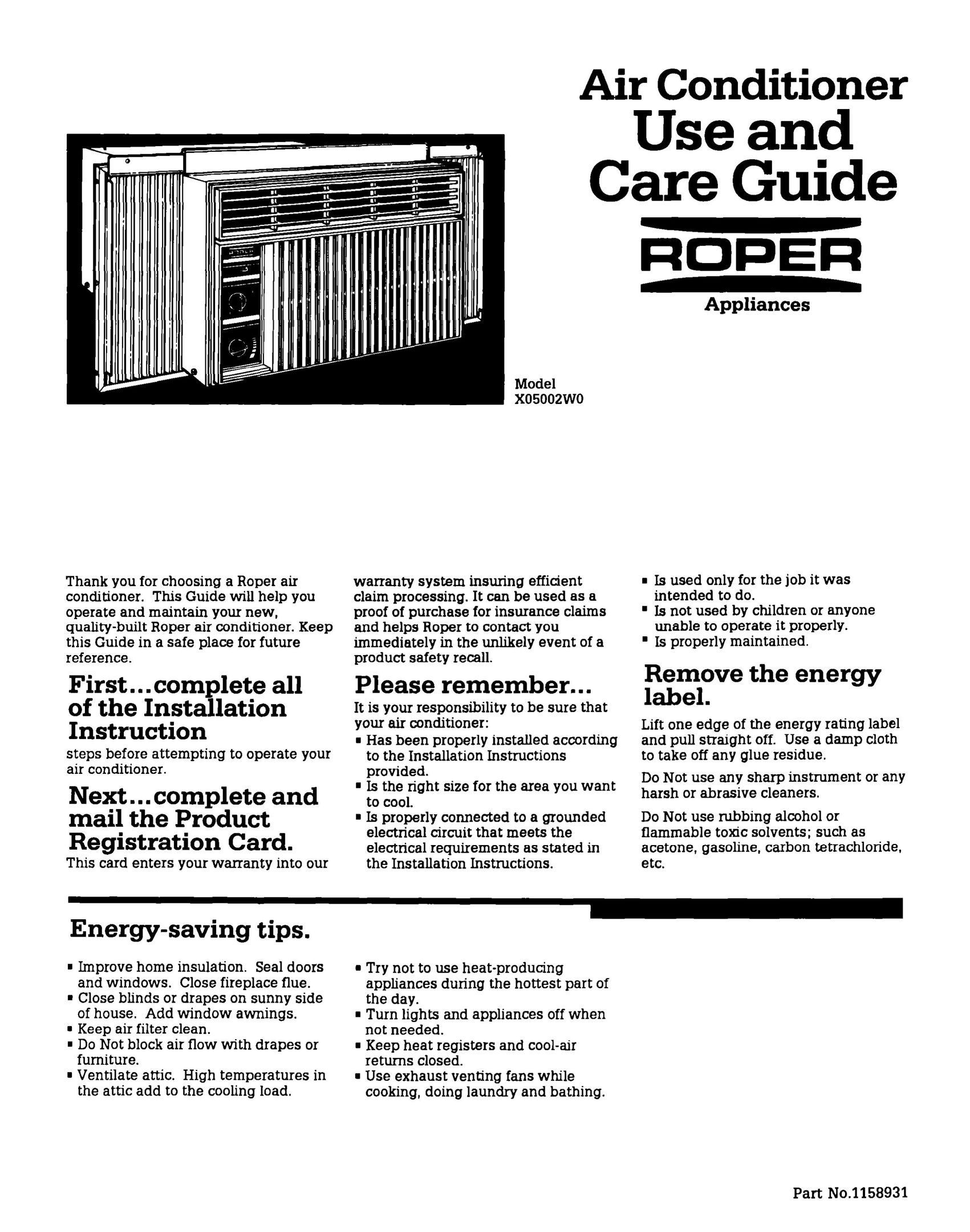 Roper X05002W0 Air Conditioner User Manual