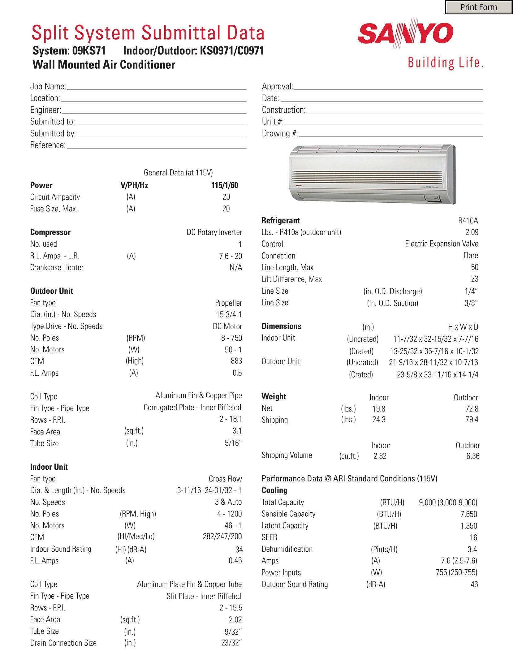 Sanyo 09KS71 Air Conditioner User Manual