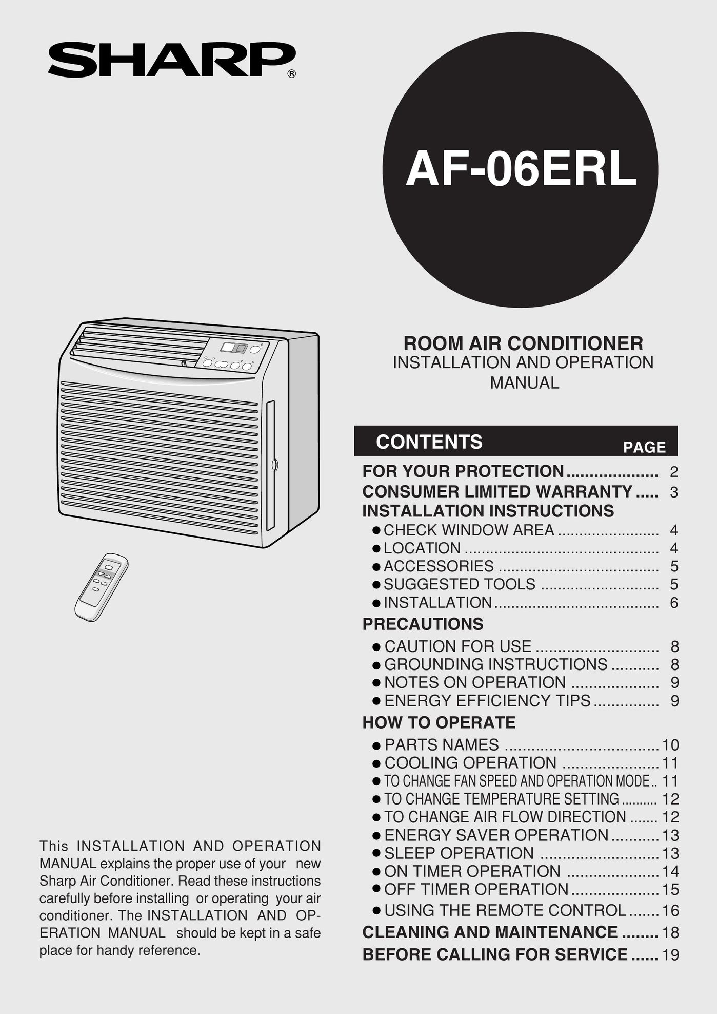 Sharp AF-06ERL Air Conditioner User Manual