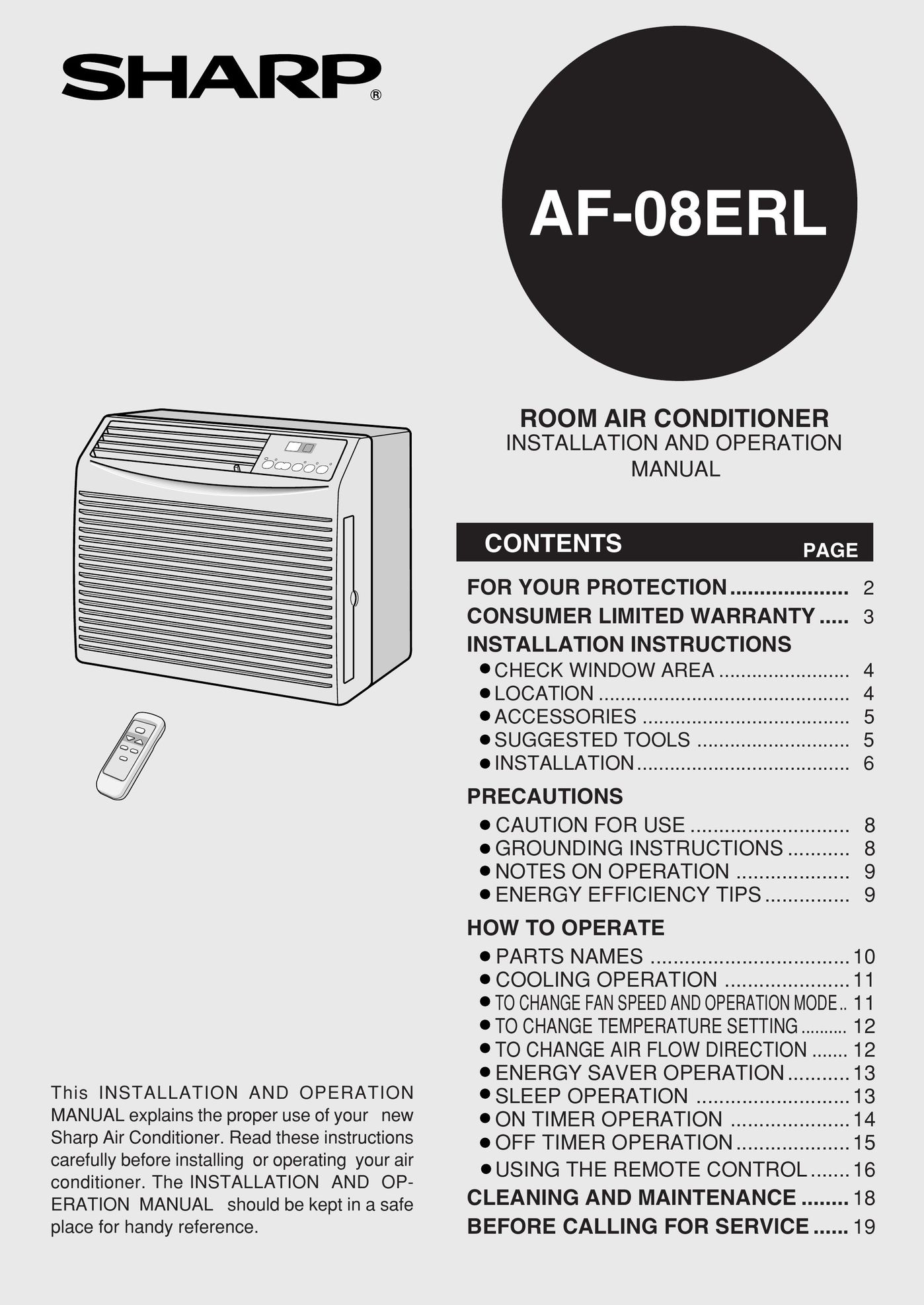 Sharp AF-08ERL Air Conditioner User Manual