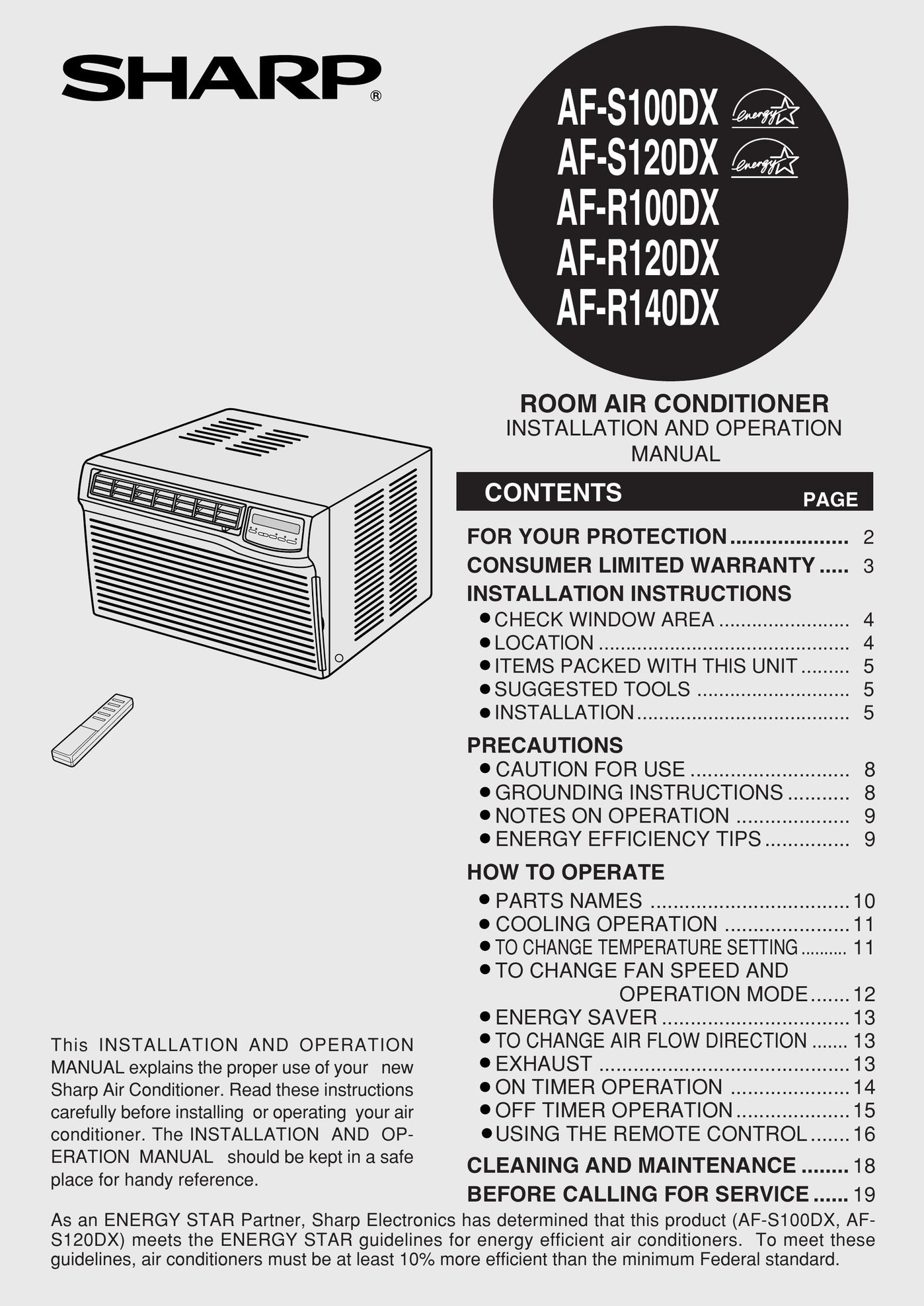 Sharp AF-100DX Air Conditioner User Manual