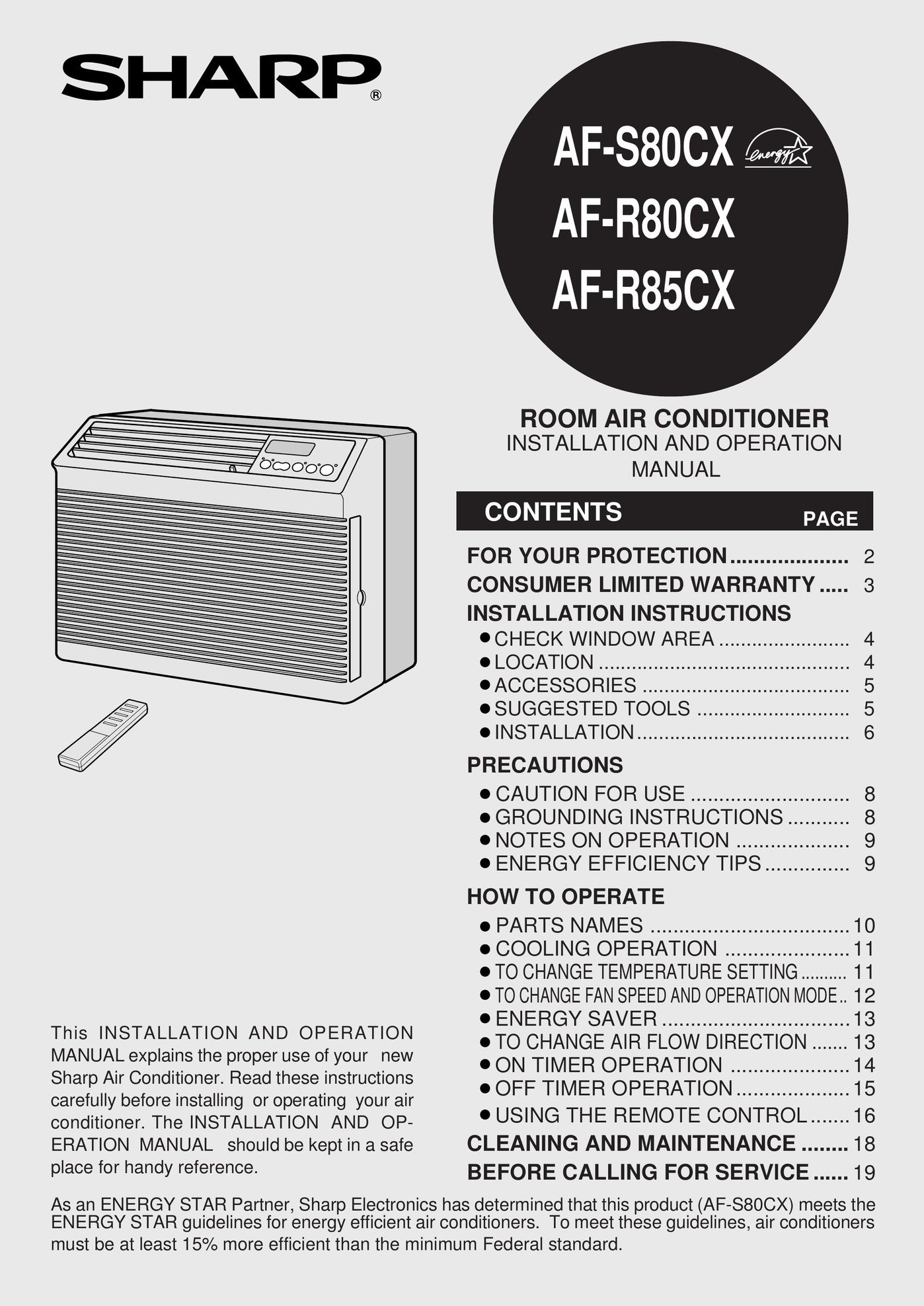 Sharp AF-R80CX Air Conditioner User Manual