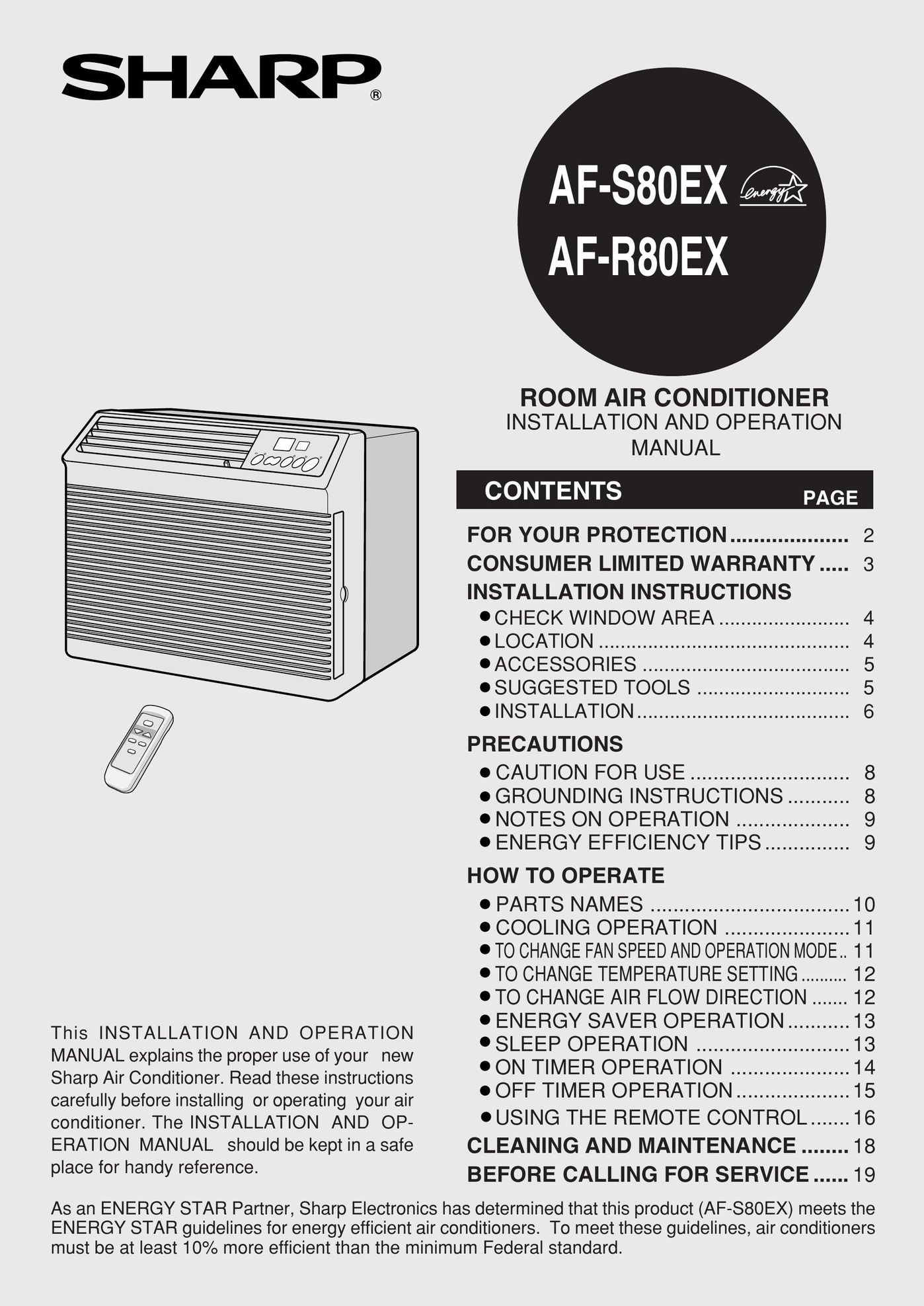 Sharp AF-R80EX Air Conditioner User Manual
