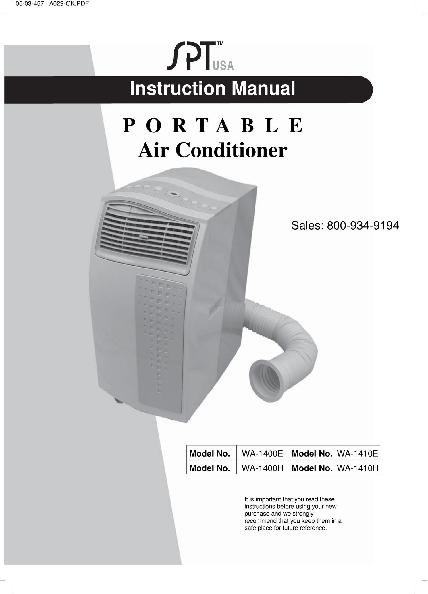 Sunpentown Intl WA-1400E Air Conditioner User Manual