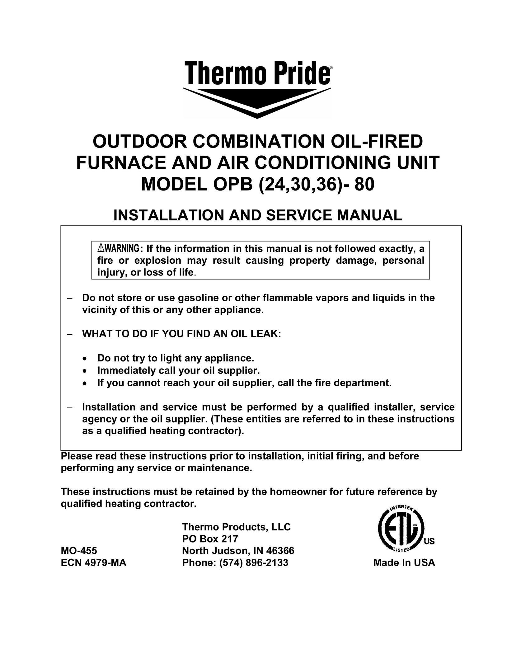 Thermo Products OPB (24 Air Conditioner User Manual