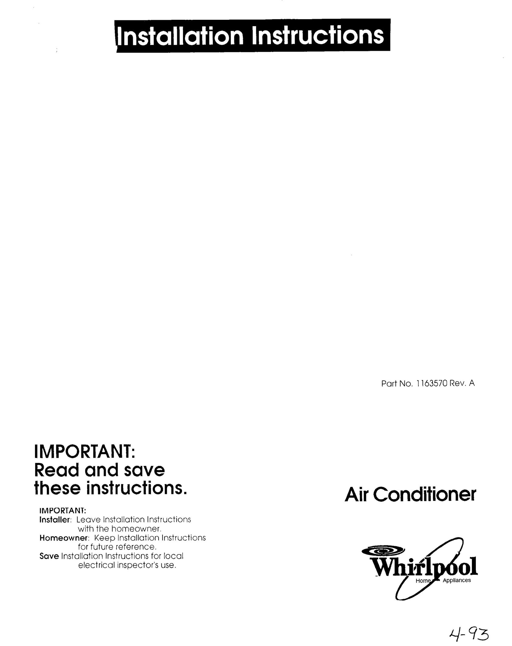 Whirlpool 1163570 Air Conditioner User Manual