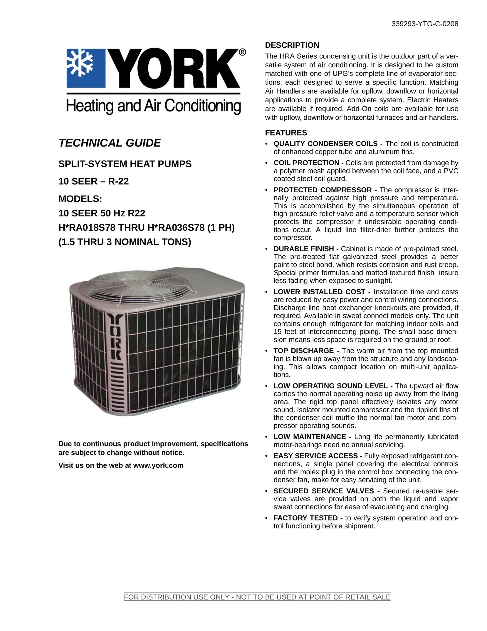 York 10 SEER 50HZ R22 Air Conditioner User Manual