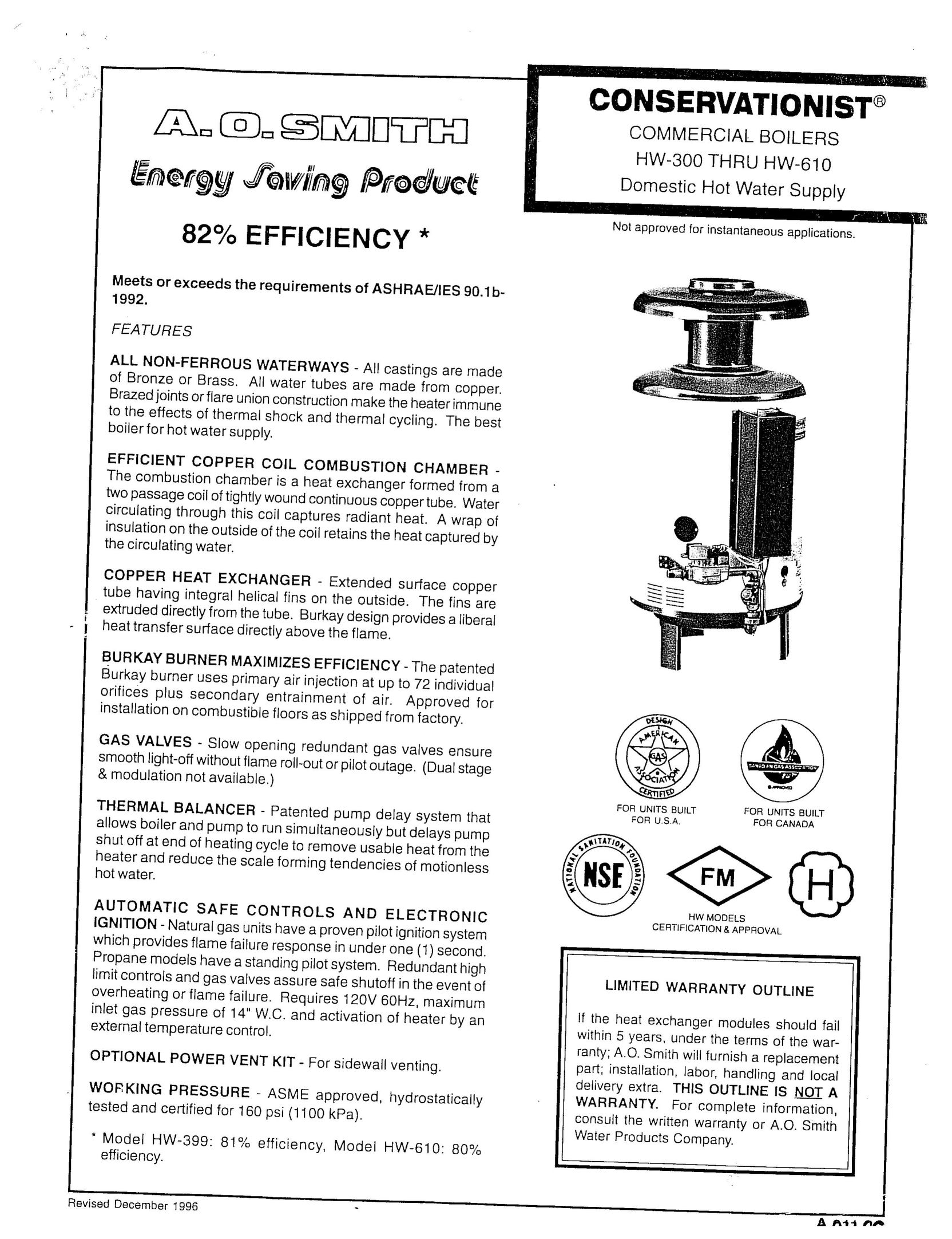 A.O. Smith HW 300 THRU HW 610 Boiler User Manual